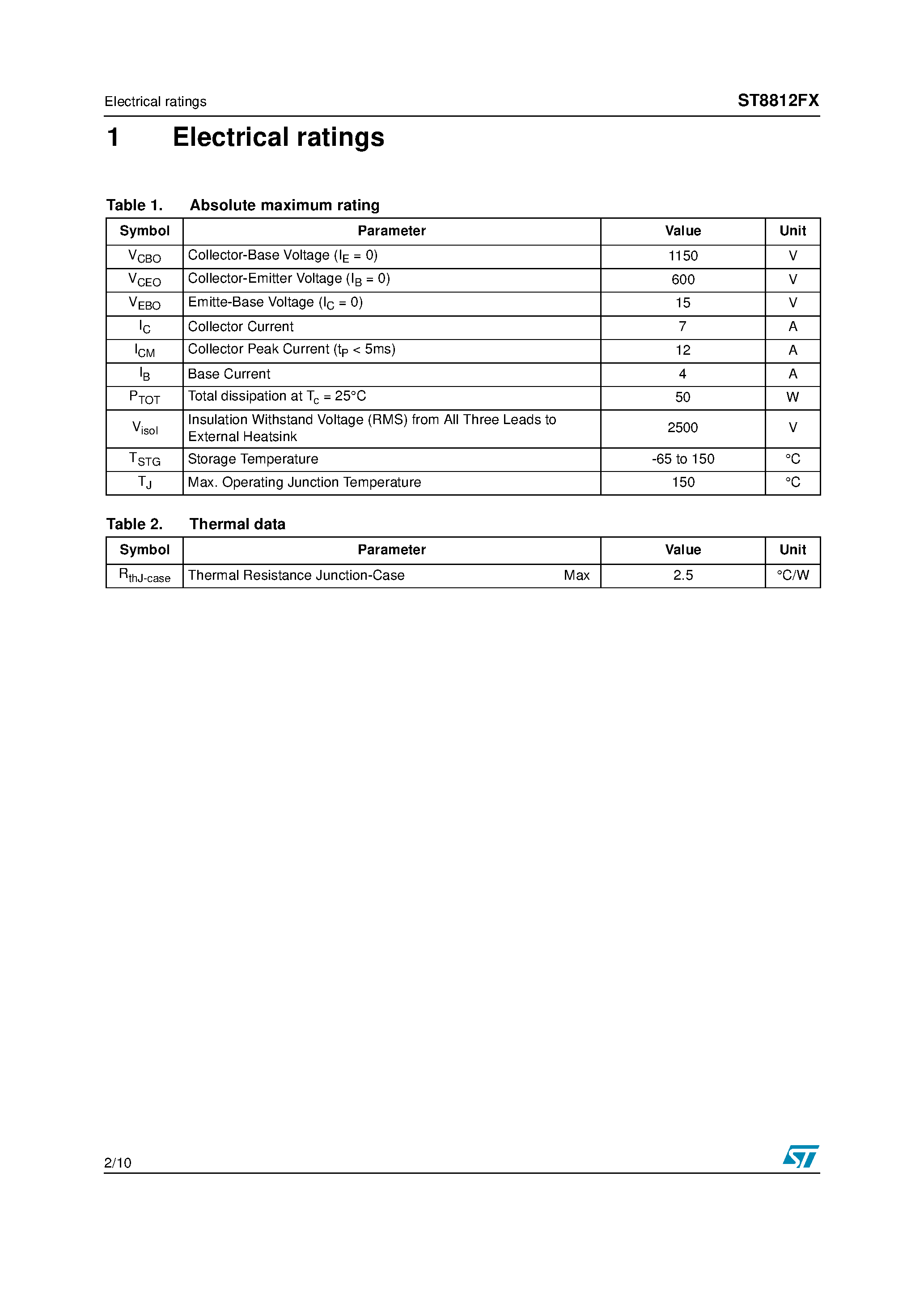 Datasheet ST8812FX page 2 Datasheet ST8812FX - High voltage fast-switching NPN Power transistor page 2