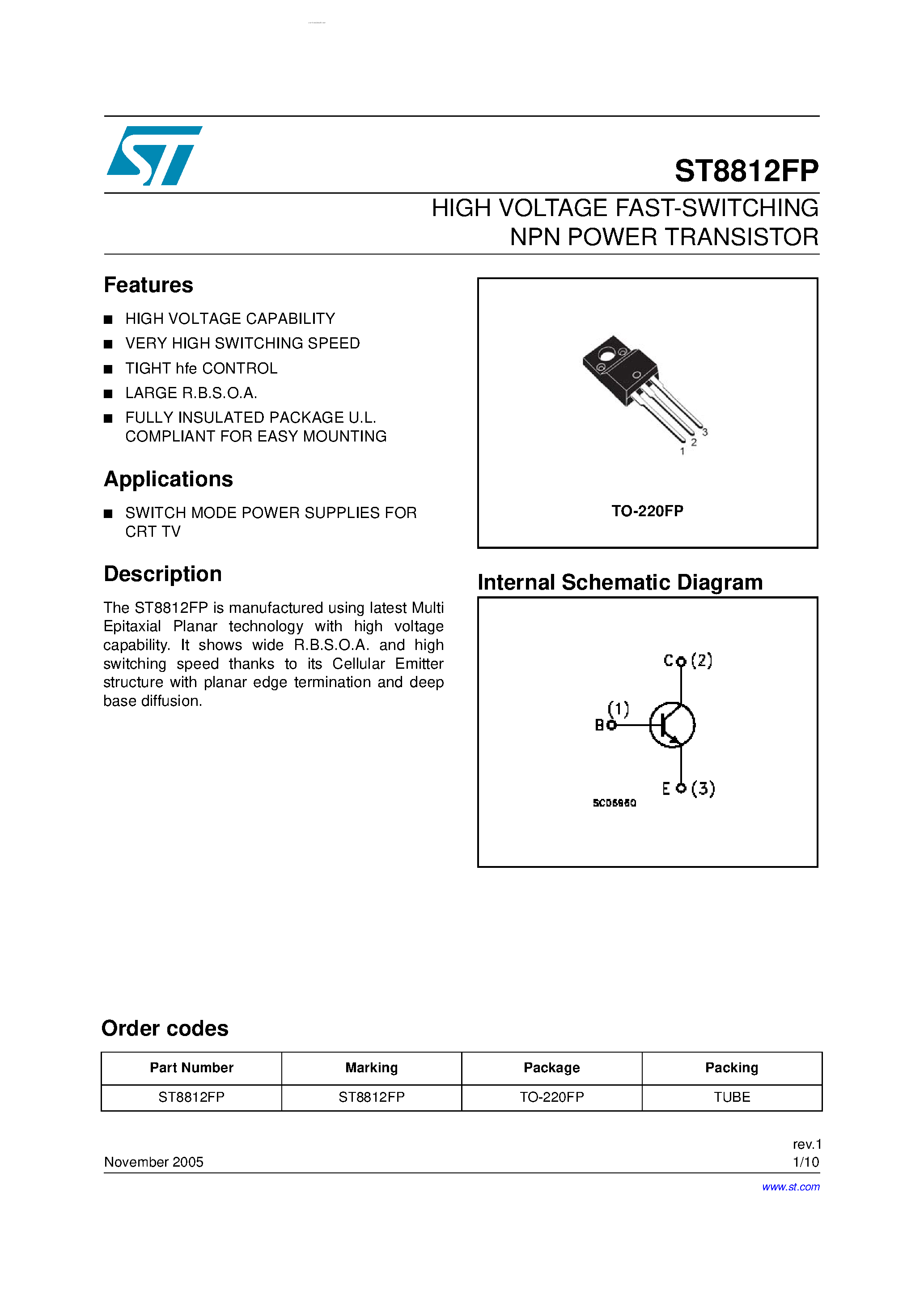 Datasheet ST8812FP page 1 Datasheet ST8812FP - High voltage fast-switching NPN Power transistor page 1