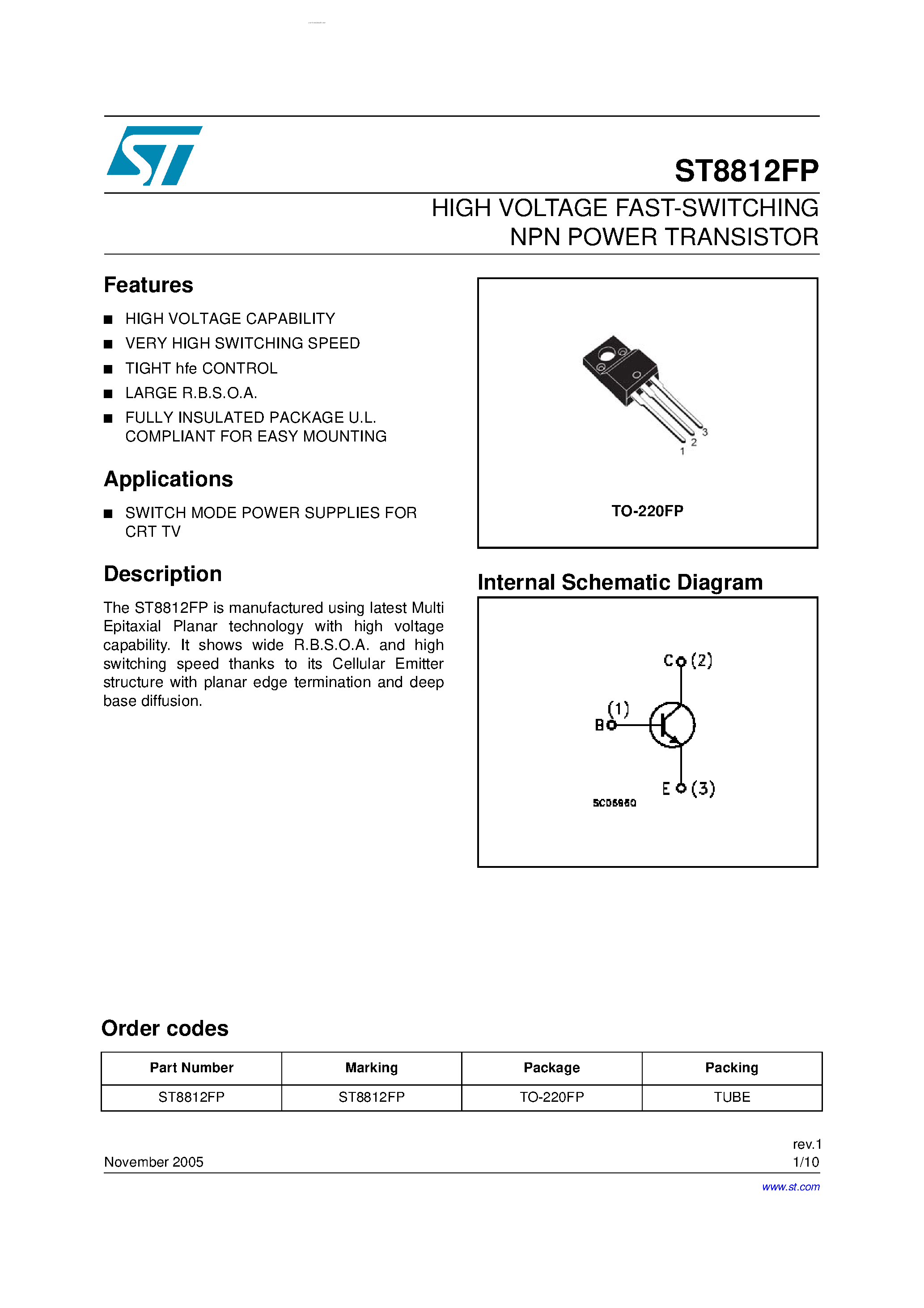 Даташит ST8812FP - High voltage fast-switching NPN Power transistor страница 1