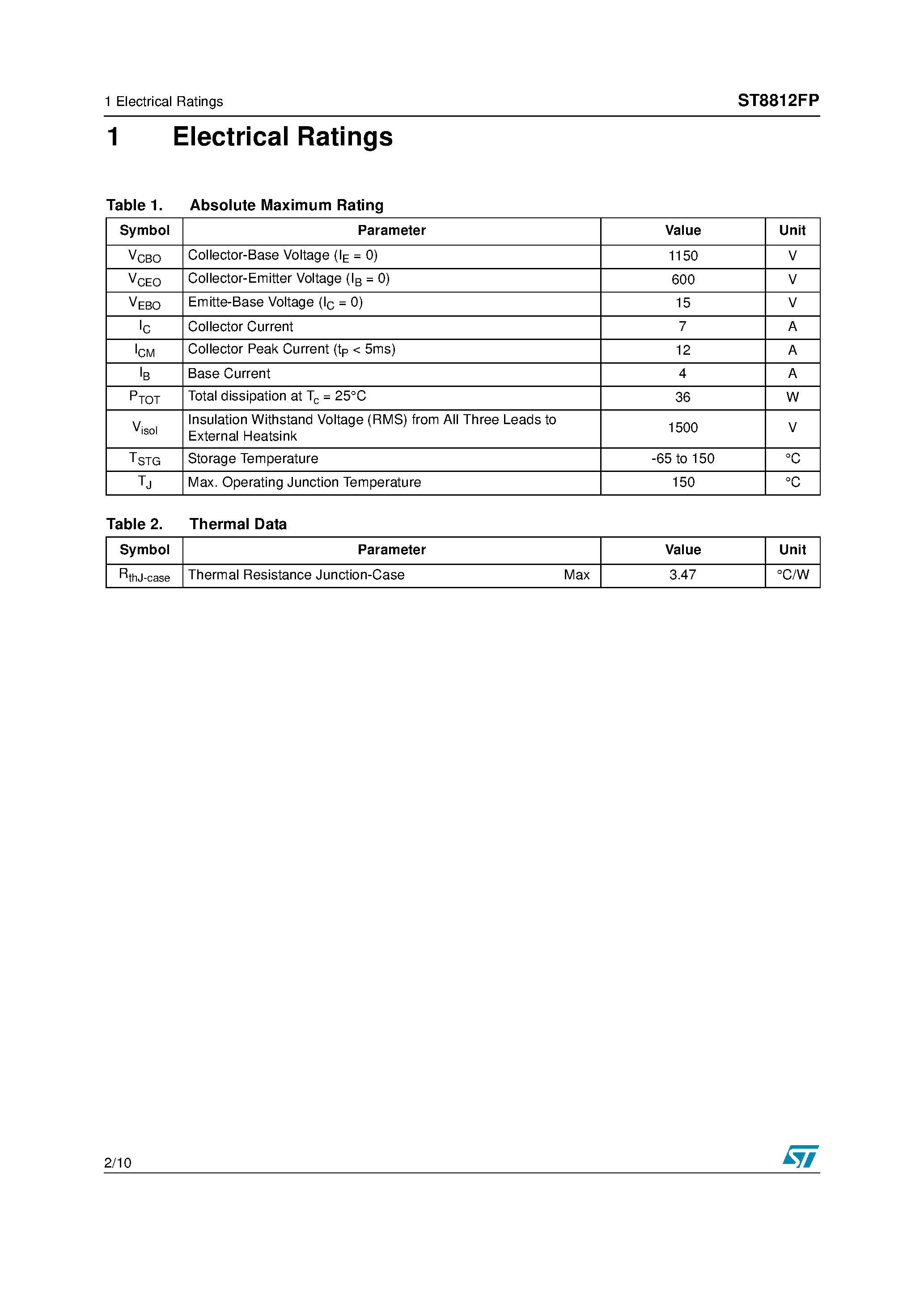 Datasheet ST8812FP page 2 Datasheet ST8812FP - High voltage fast-switching NPN Power transistor page 2