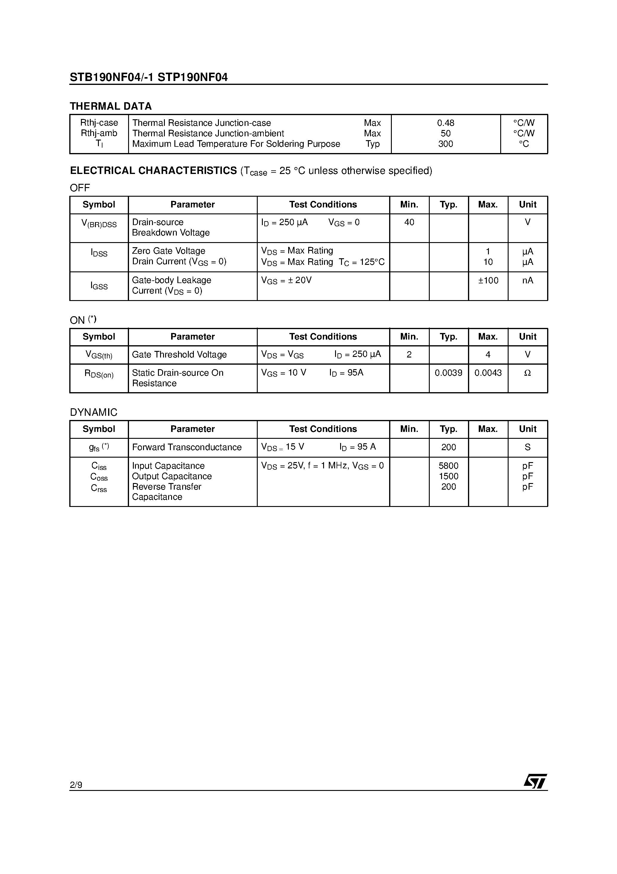 Datasheet STB190NF04 - N-CHANNEL POWER MOSFET page 2