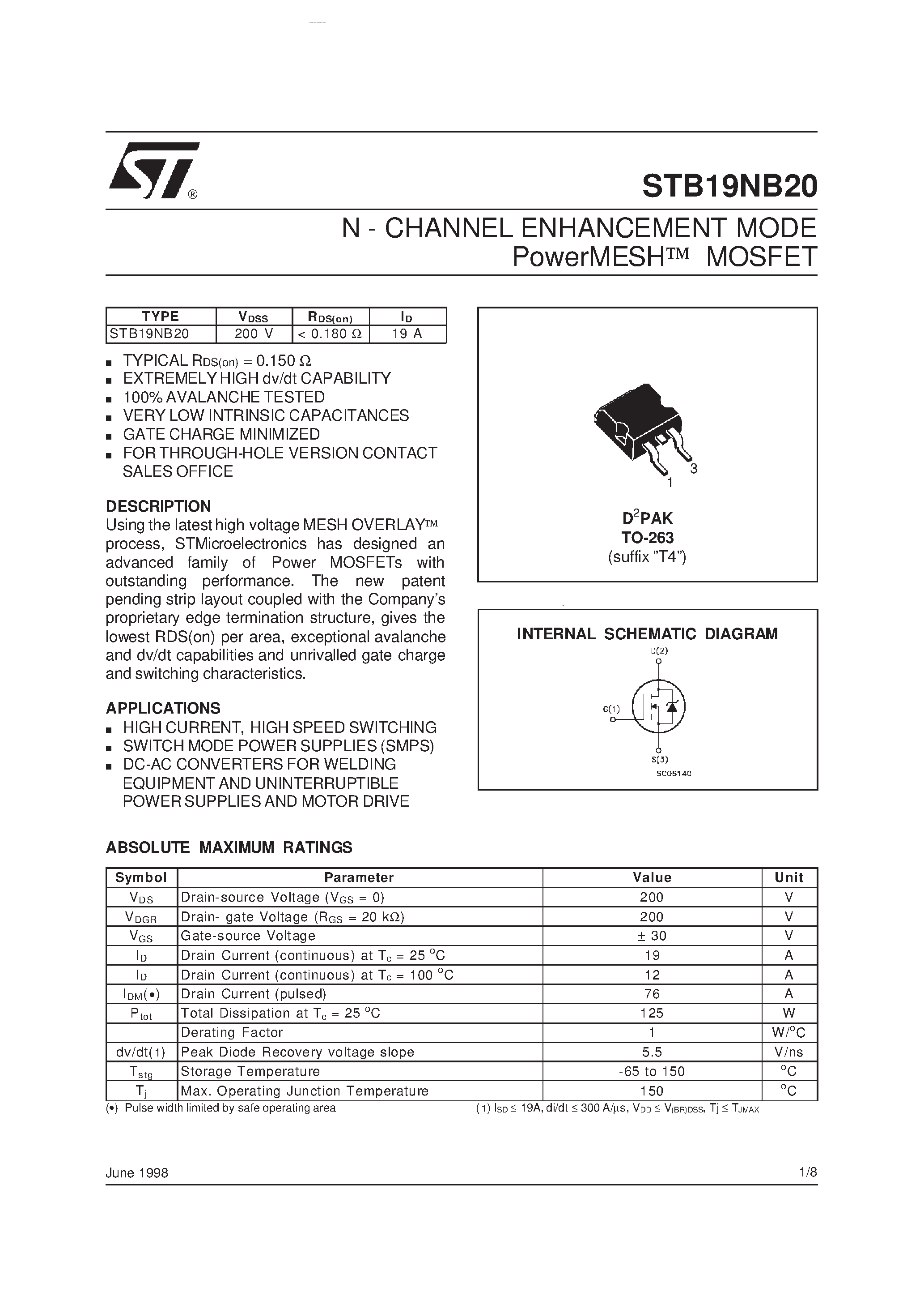 Datasheet STB19NB20 - N-CHANNEL ENHANCEMENT MODE PowerMESH MOSFET page 1