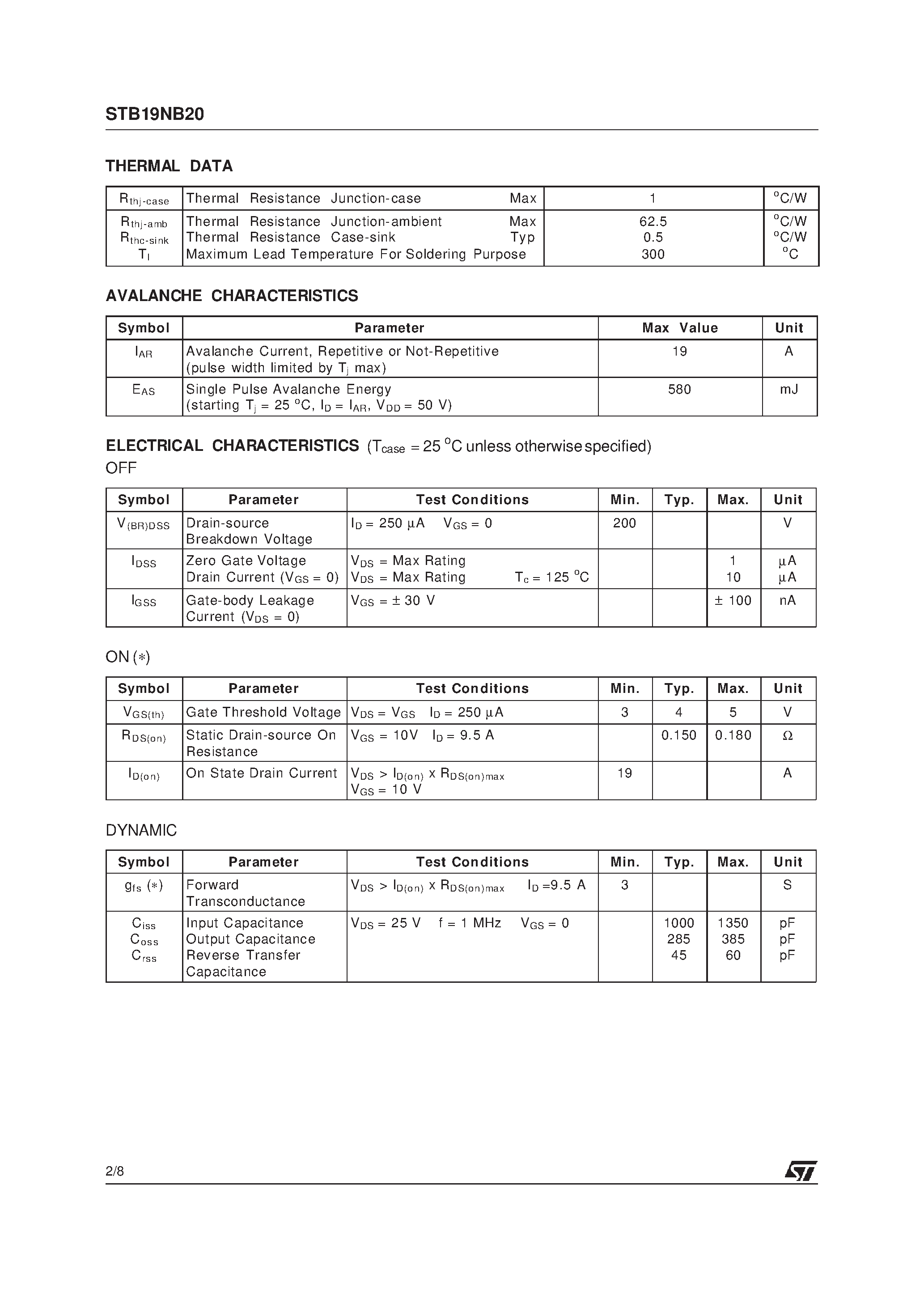 Datasheet STB19NB20 - N-CHANNEL ENHANCEMENT MODE PowerMESH MOSFET page 2