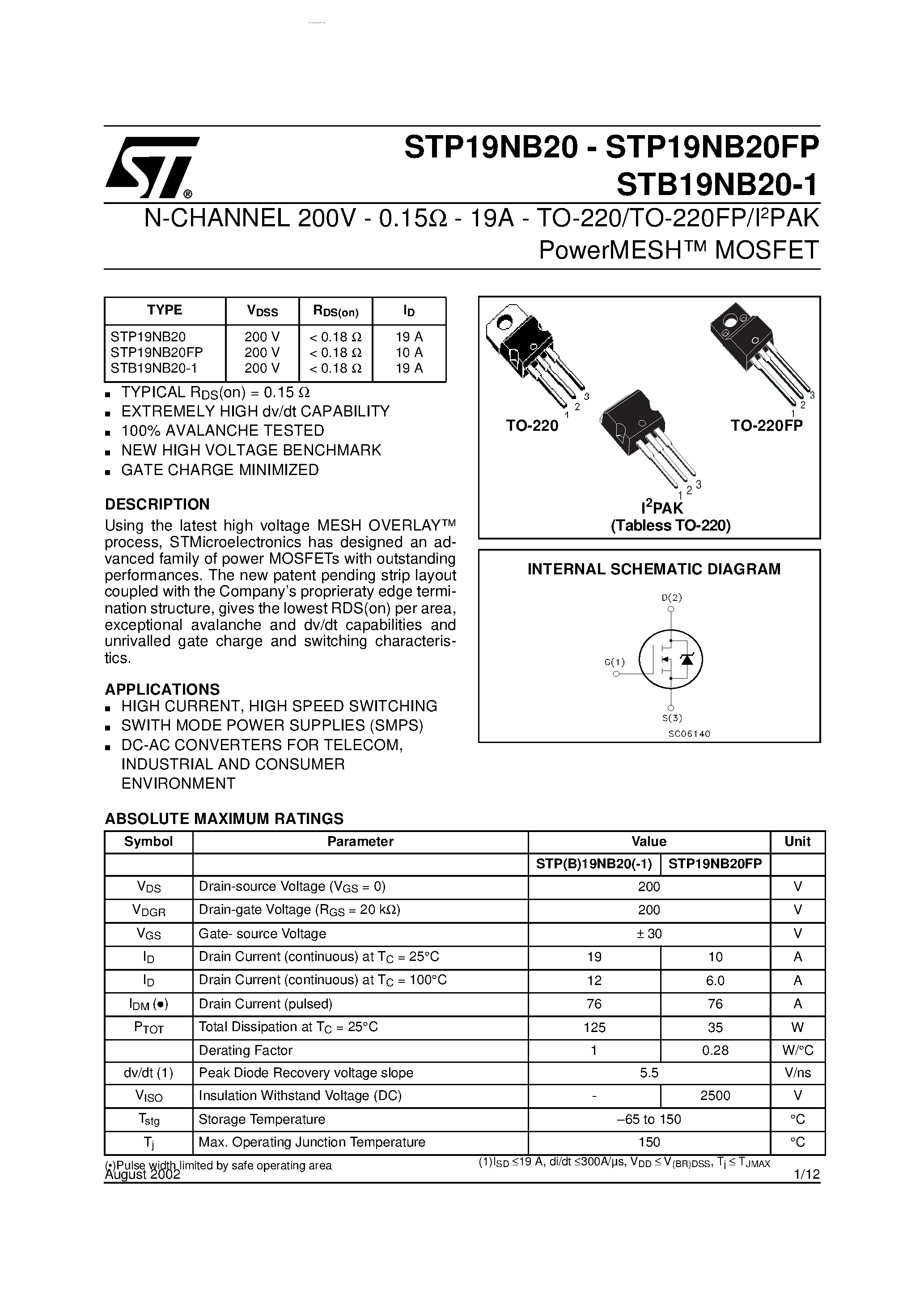 Datasheet STB19NB20-1 - N-CHANNEL ENHANCEMENT MODE PowerMESH MOSFET page 1