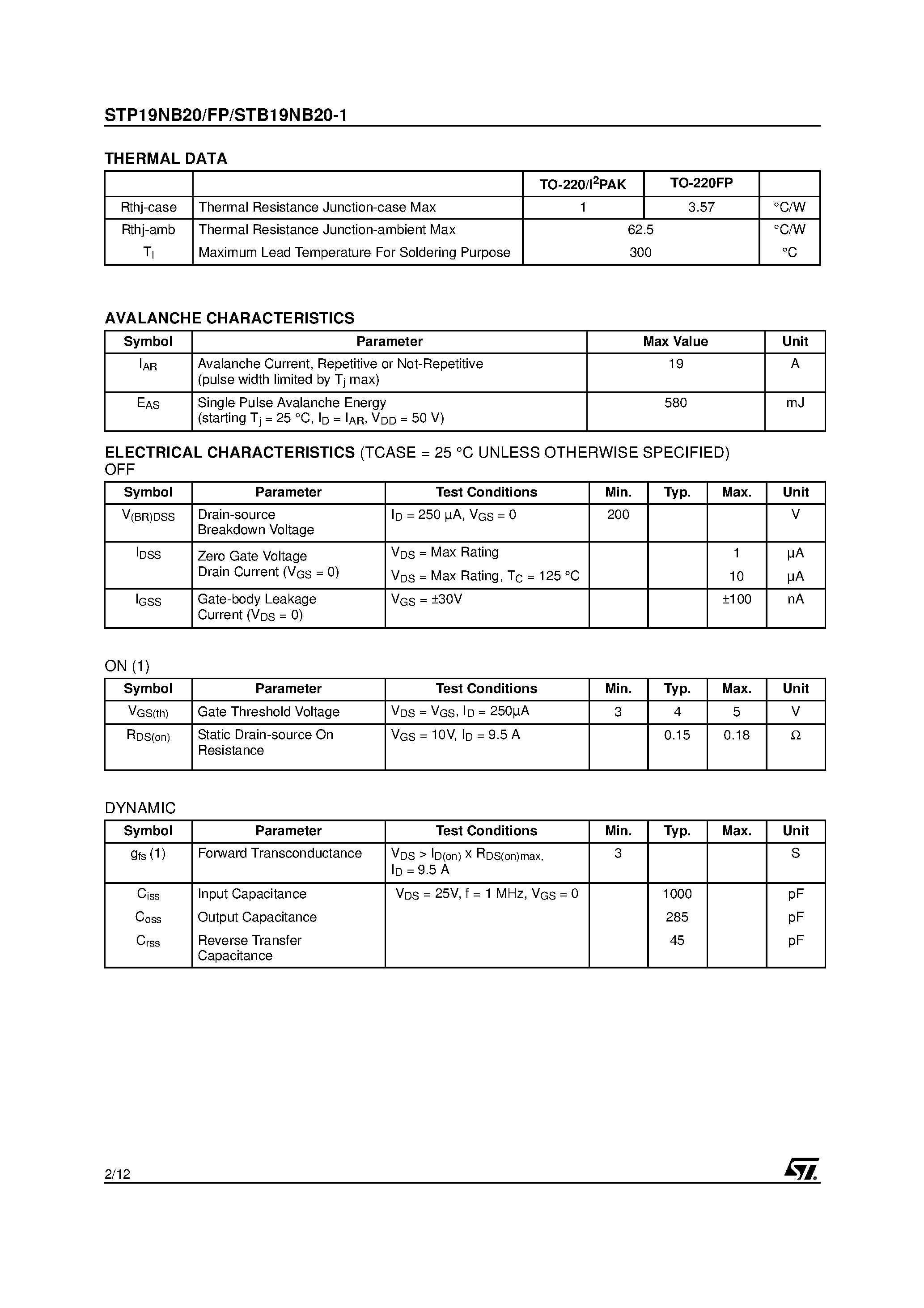 Datasheet STB19NB20-1 - N-CHANNEL ENHANCEMENT MODE PowerMESH MOSFET page 2