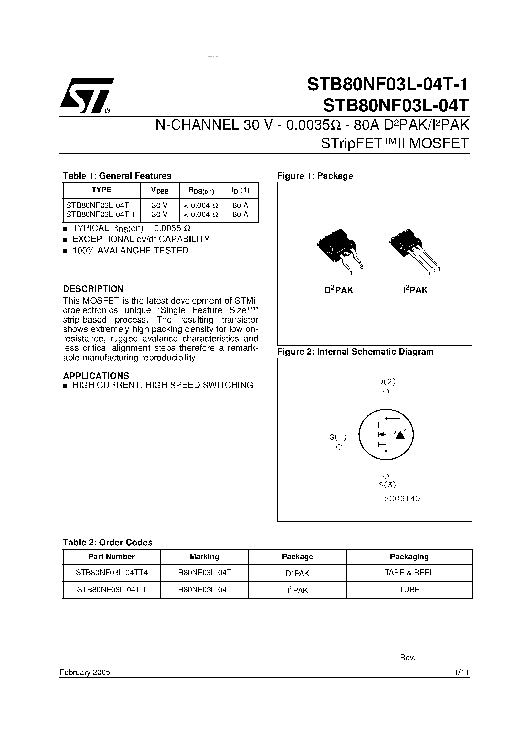 Datasheet STB80NF03L-04T - N-channel Power MOSFET page 1
