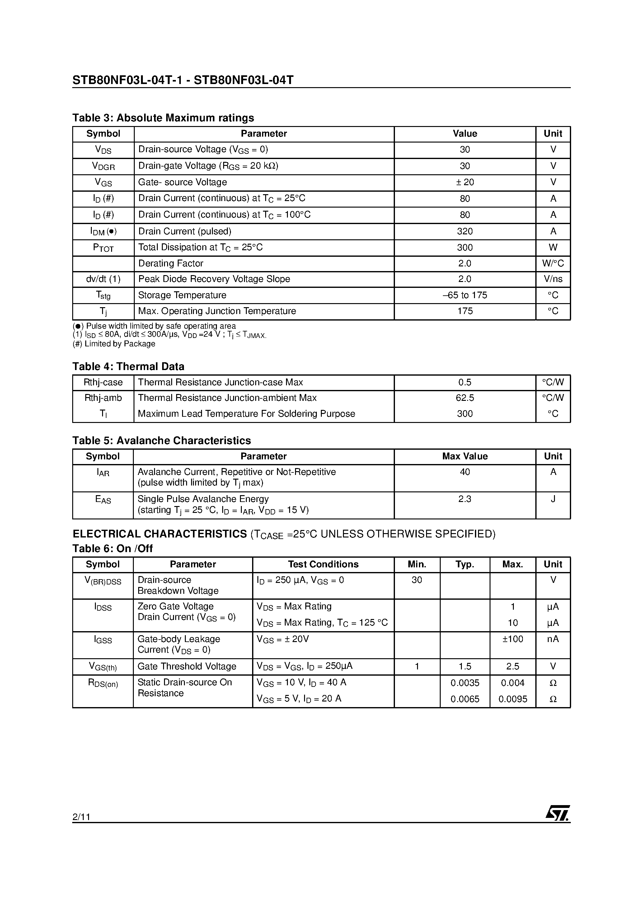 Datasheet STB80NF03L-04T - N-channel Power MOSFET page 2