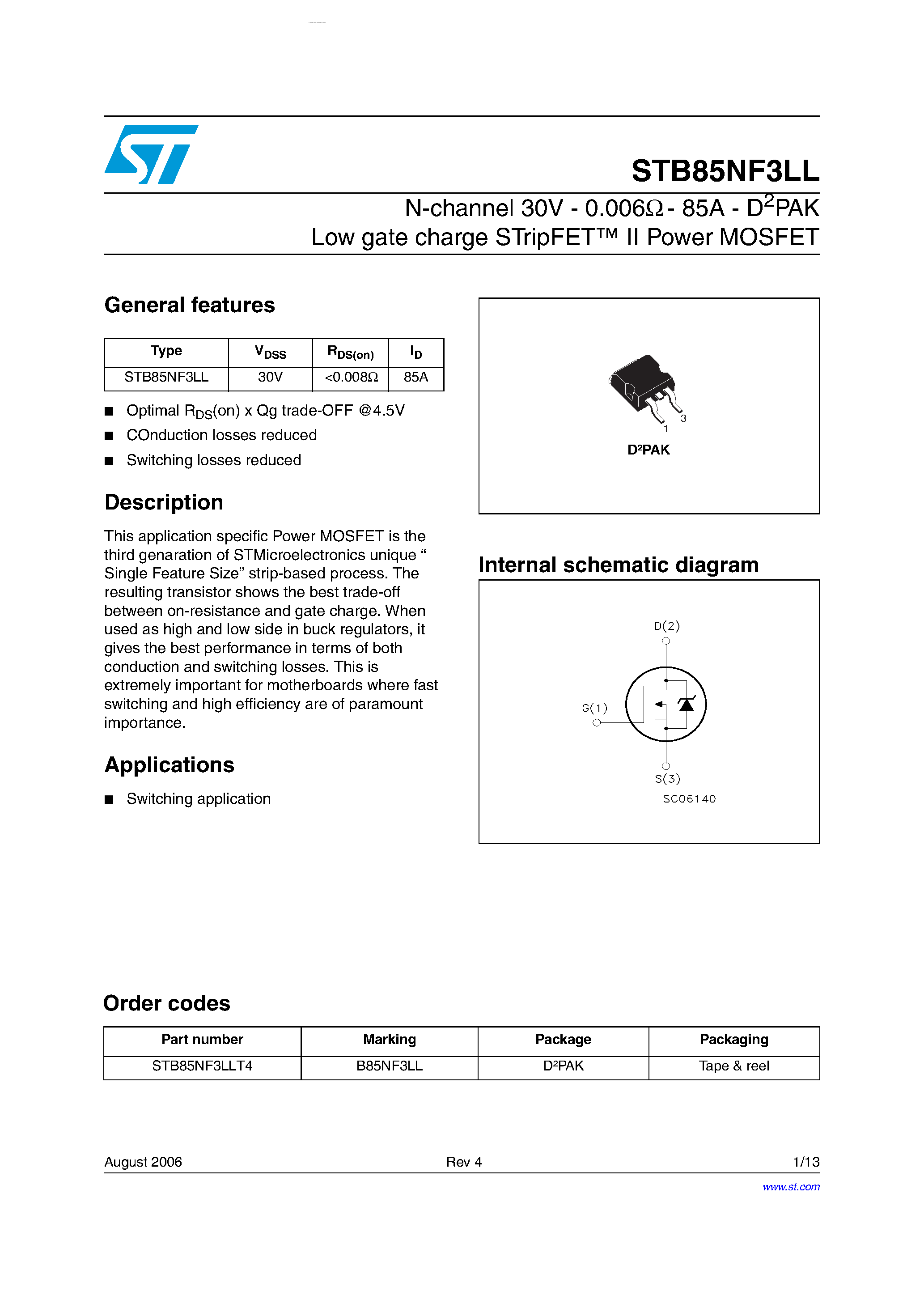 Datasheet STB85NF3LL - N-channel Power MOSFET page 1