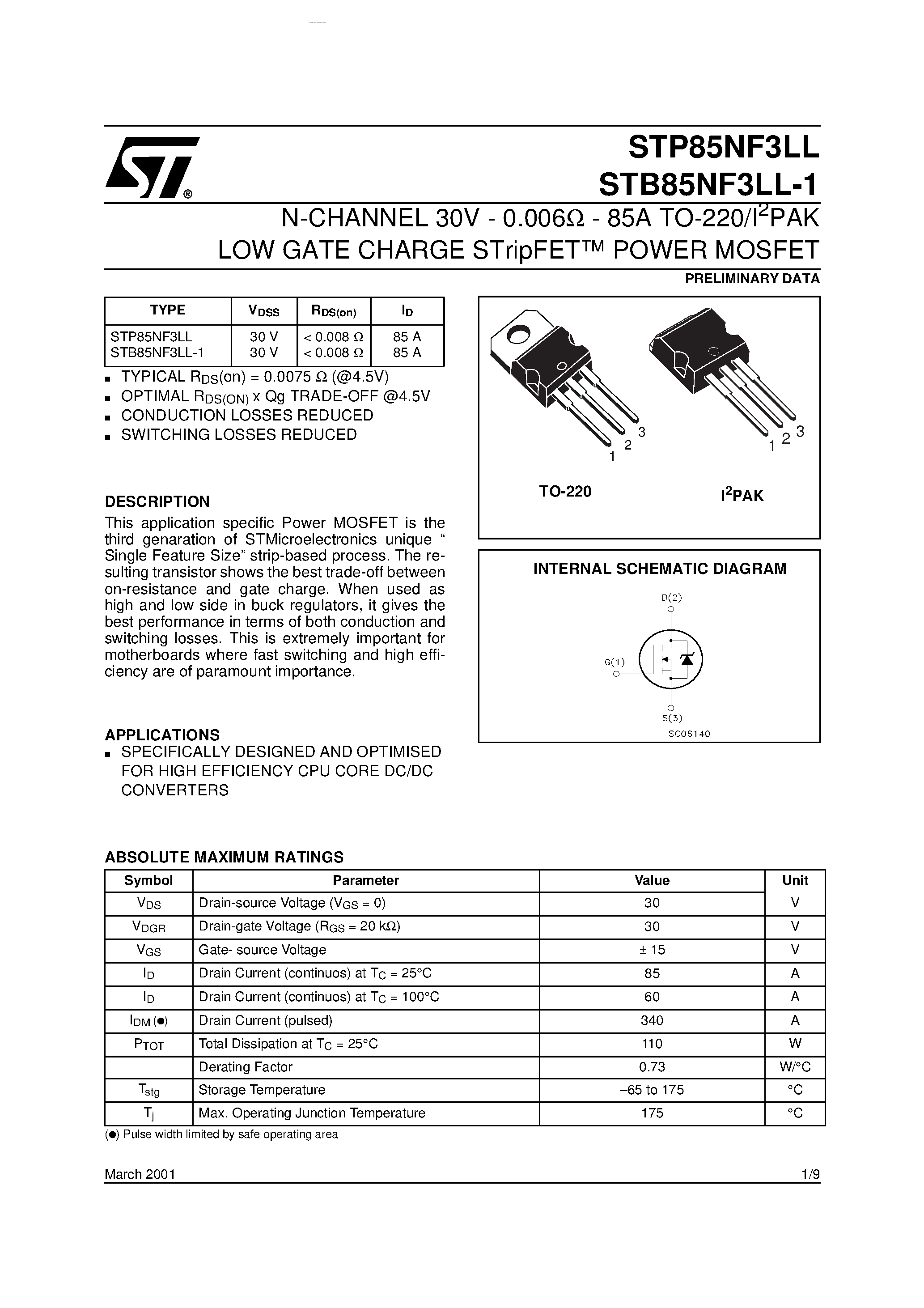 Datasheet STB85NF3LL-1 - N-channel Power MOSFET page 1