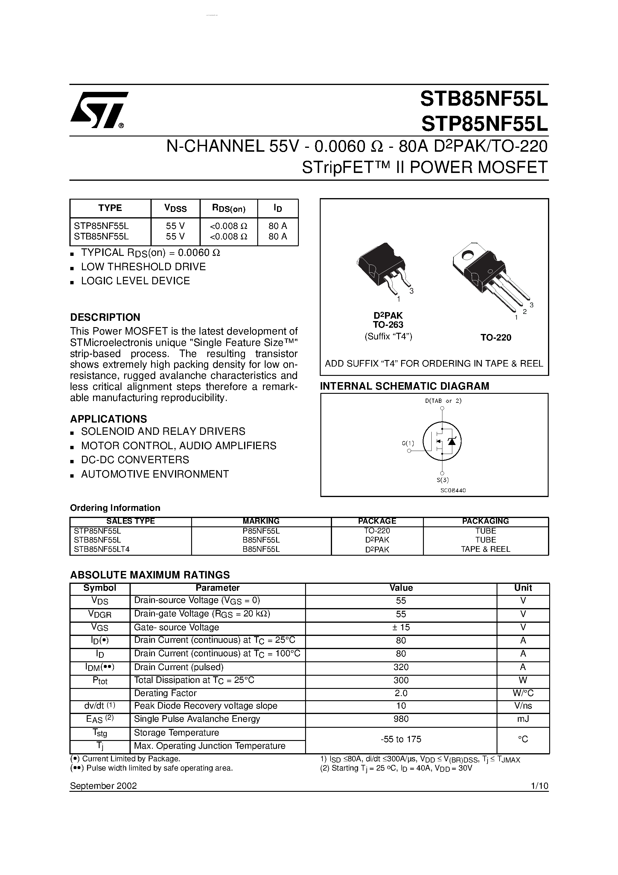 Datasheet STB85NF55L - N-channel Power MOSFET page 1