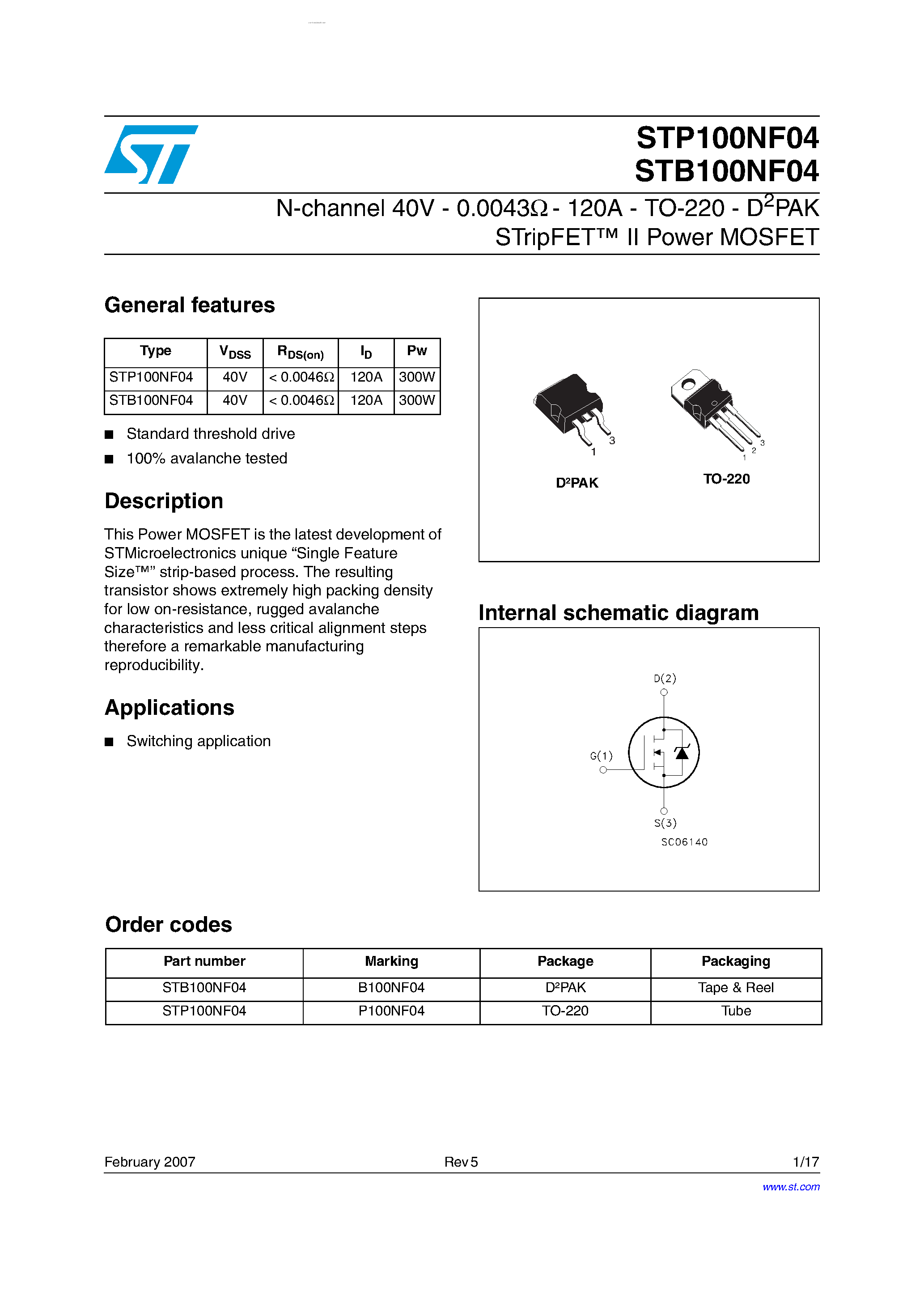 Даташит на микросхему STP100NF04 страница 1 Даташит STP100NF04 - N-channel Power MOSFET страница 1