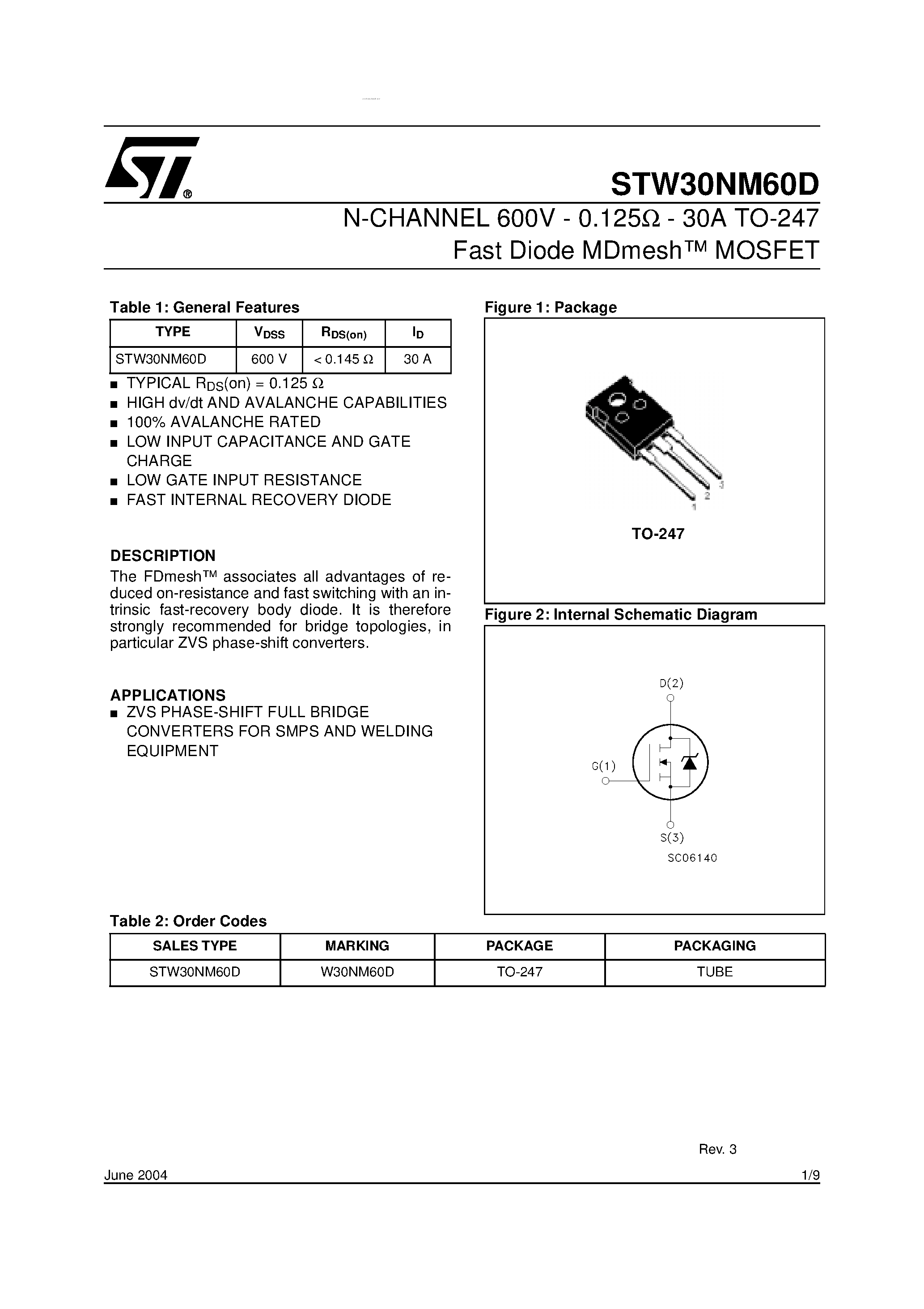 Datasheet STW30NM60D - N-channel Power MOSFET page 1