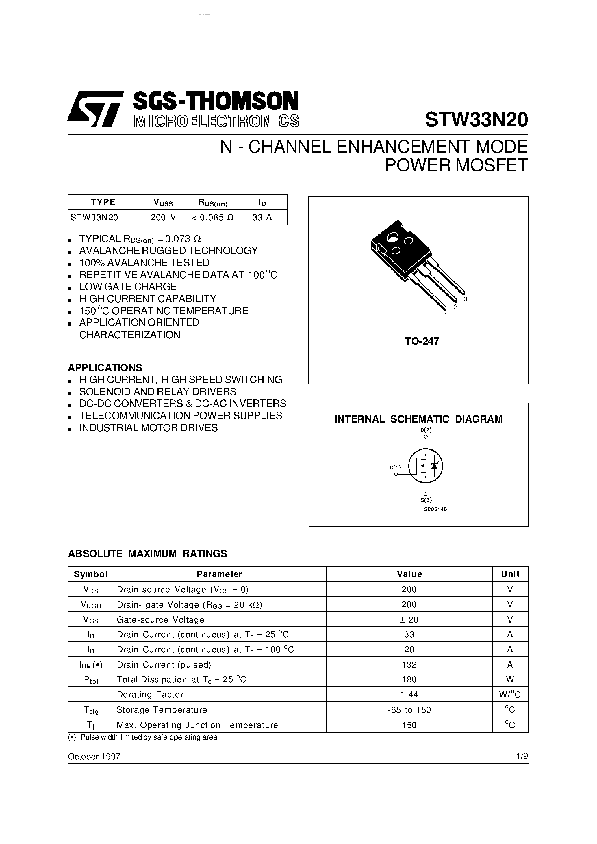 Datasheet STW33N20 page 1 Datasheet STW33N20 - N-CHANNEL ENHANCEMENT MODE POWER MOSFET page 1