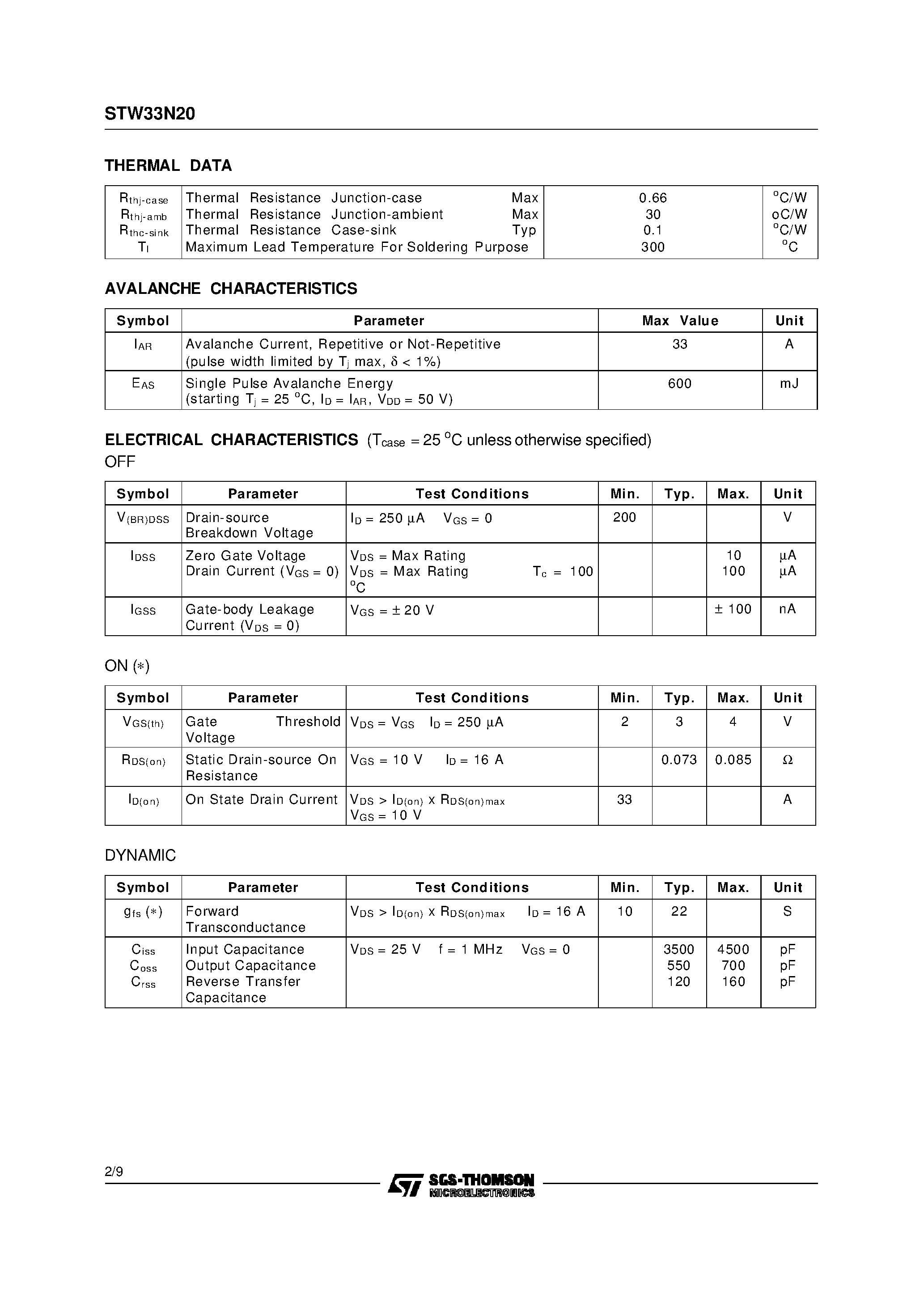 Datasheet STW33N20 page 2 Datasheet STW33N20 - N-CHANNEL ENHANCEMENT MODE POWER MOSFET page 2