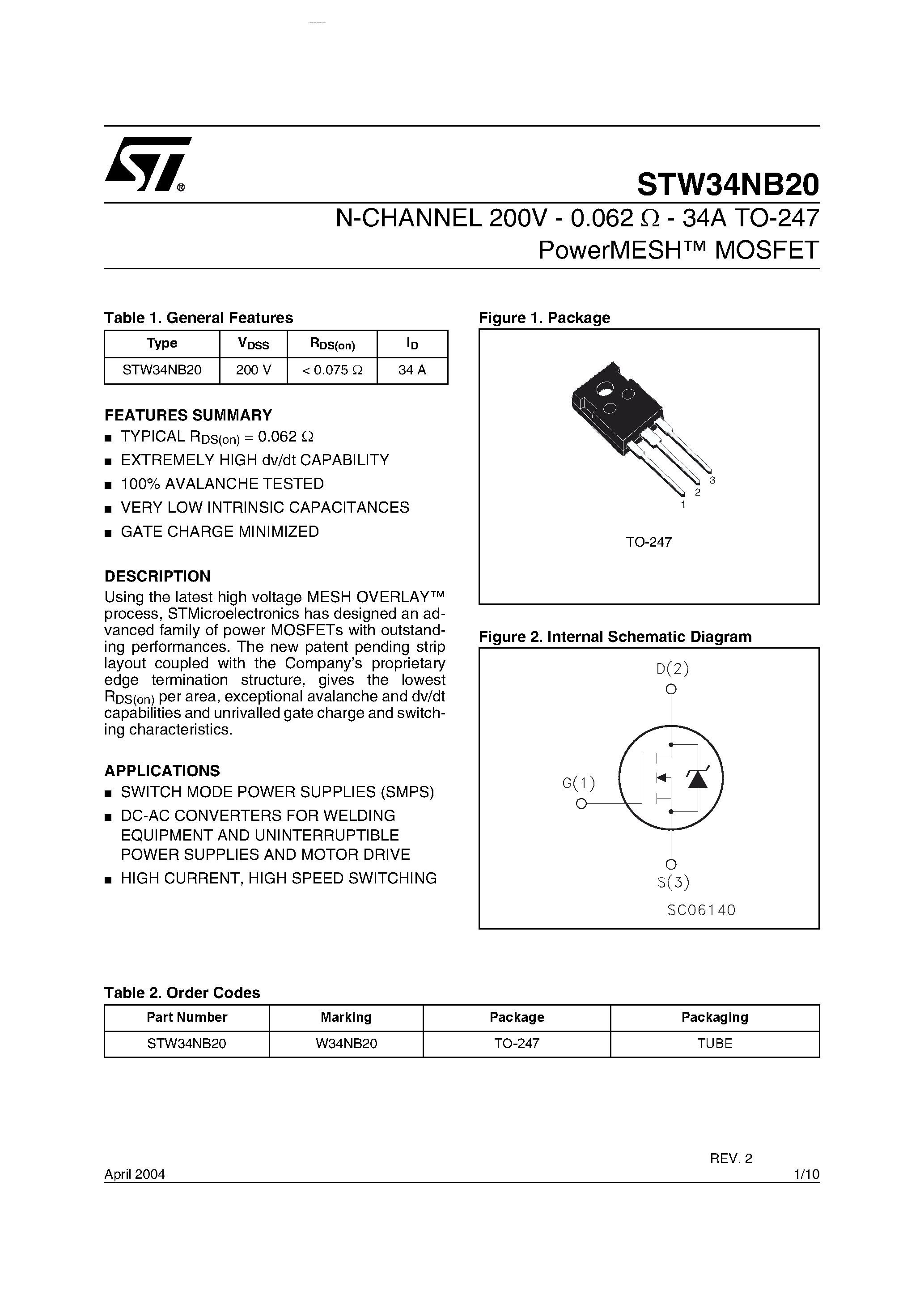 Datasheet STW34NB20 page 1 Datasheet STW34NB20 - N-CHANNEL ENHANCEMENT MODE POWER MOSFET page 1