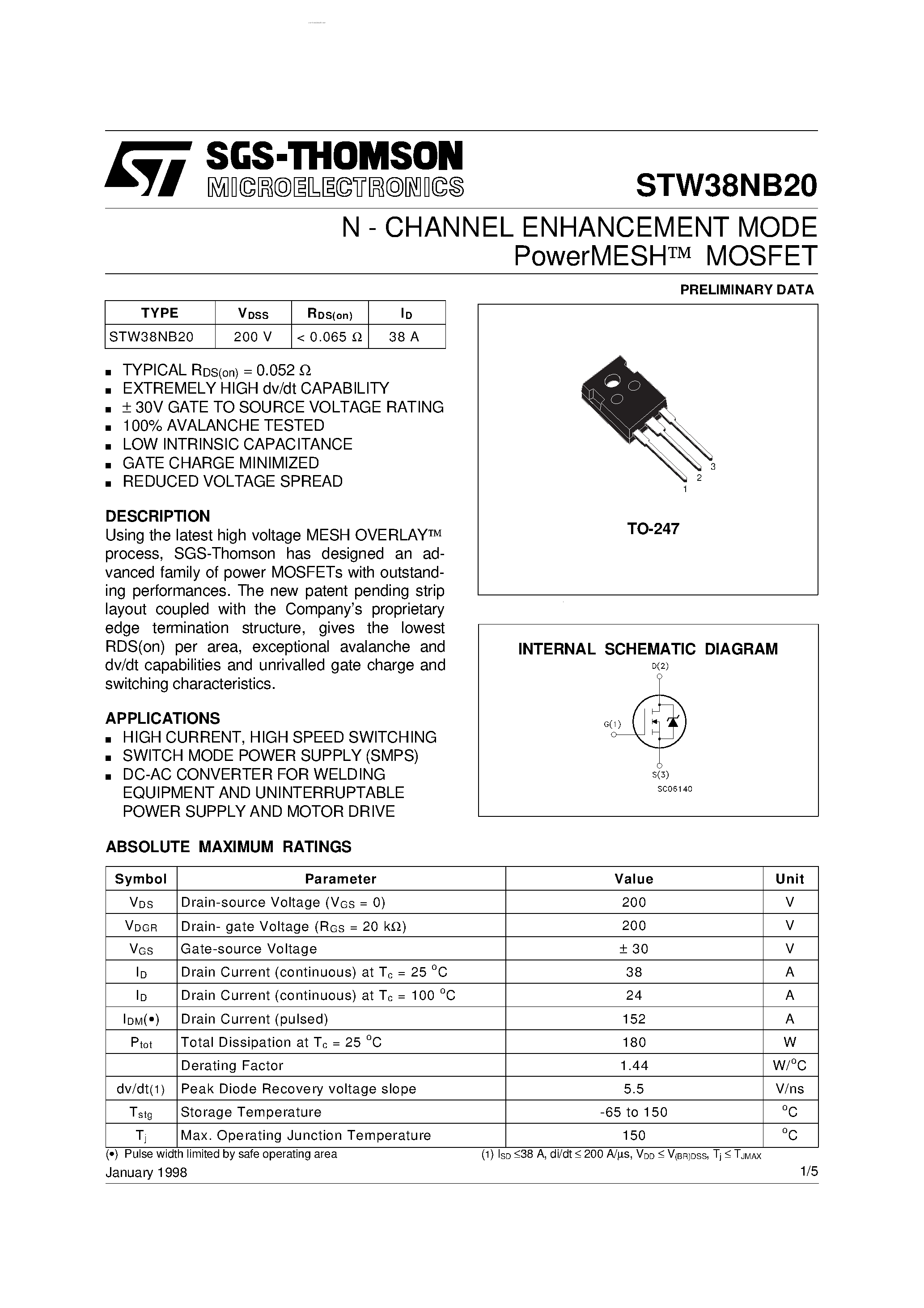 Datasheet STW38NB20 page 1 Datasheet STW38NB20 - N-CHANNEL ENHANCEMENT MODE PowerMESH MOSFET page 1