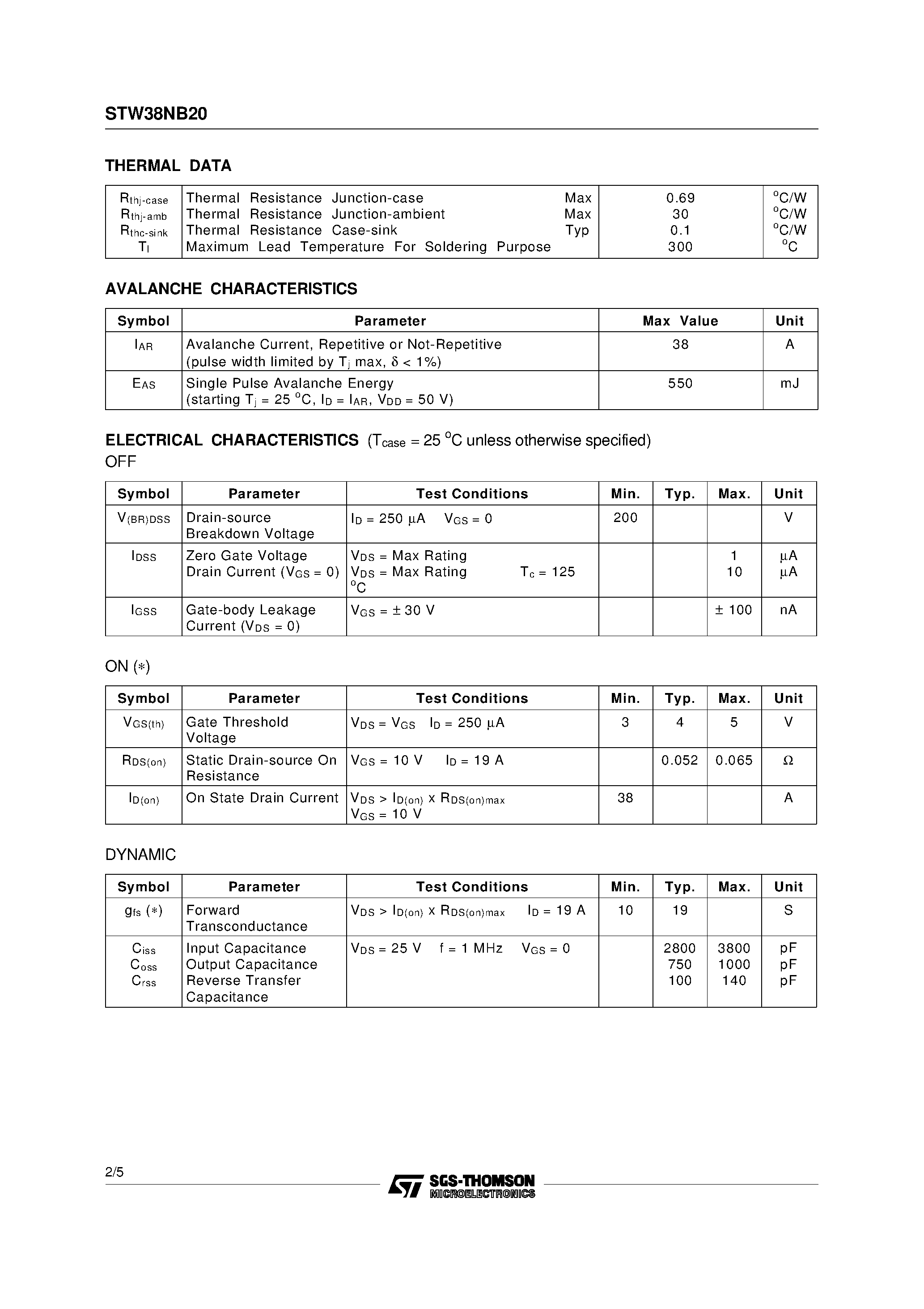 Datasheet STW38NB20 page 2 Datasheet STW38NB20 - N-CHANNEL ENHANCEMENT MODE PowerMESH MOSFET page 2