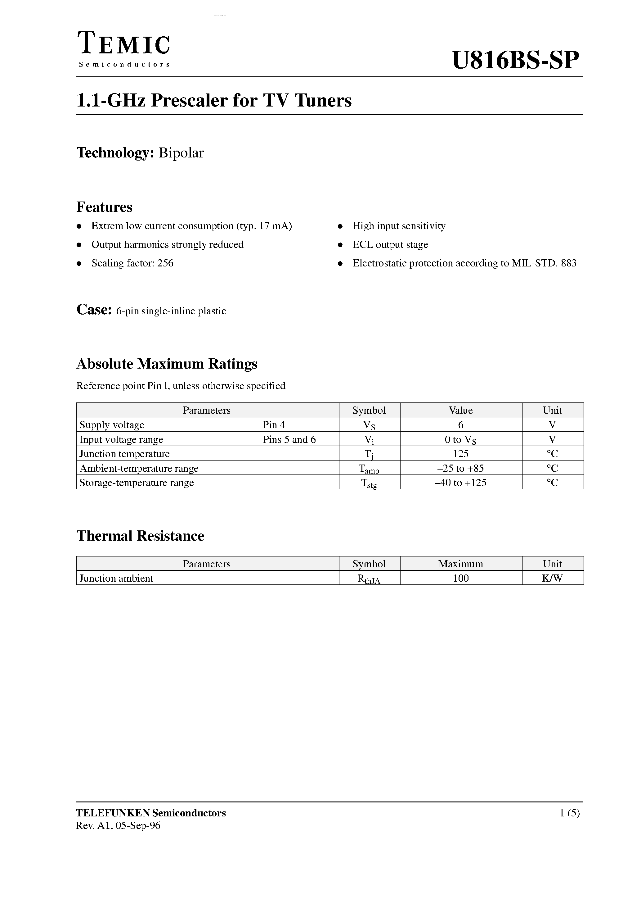 Datasheet U816BS-SP - 1.1-GHz Prescaler page 1
