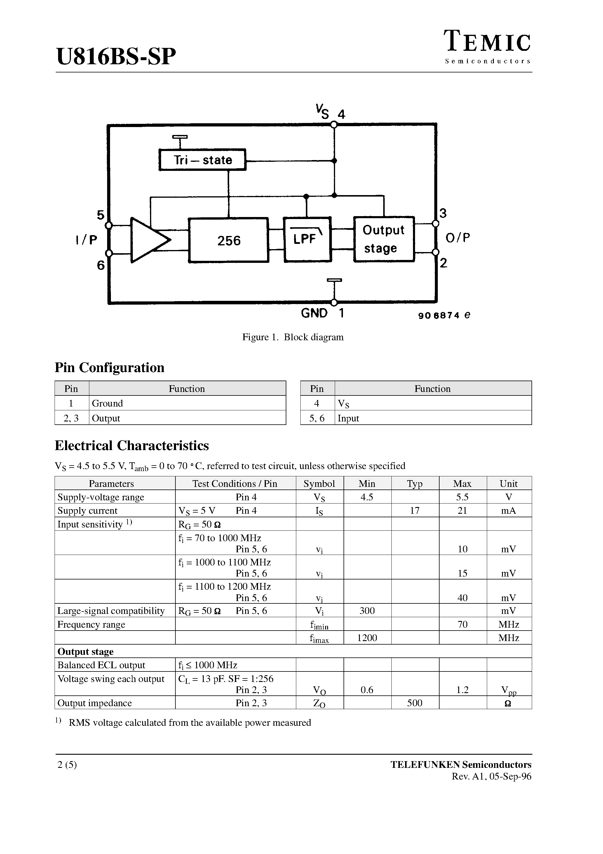 Datasheet U816BS-SP - 1.1-GHz Prescaler page 2