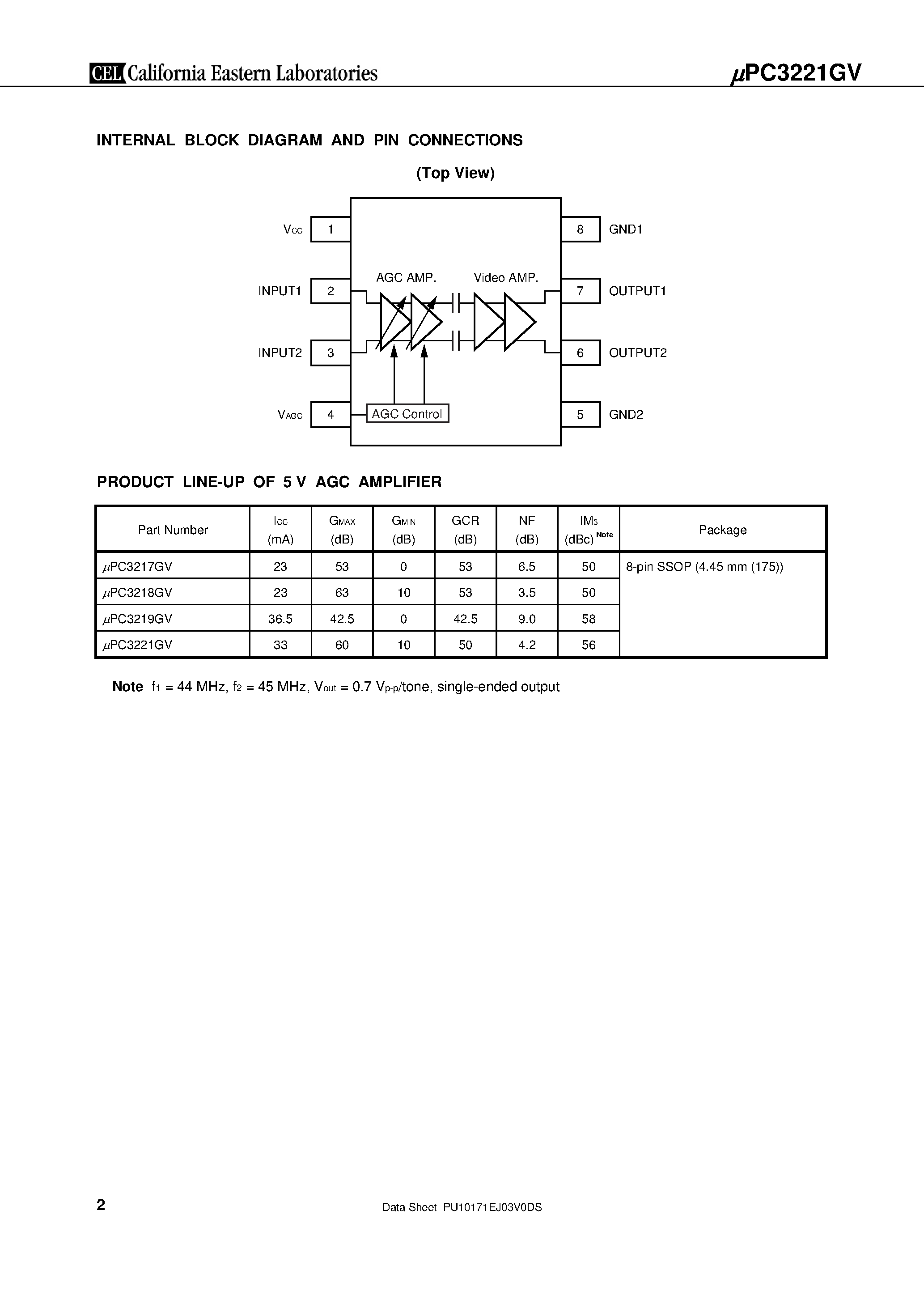 Даташит UPC3221GV - 5 V AGC AMPLIFIER + VIDEO AMPLIFIER страница 2