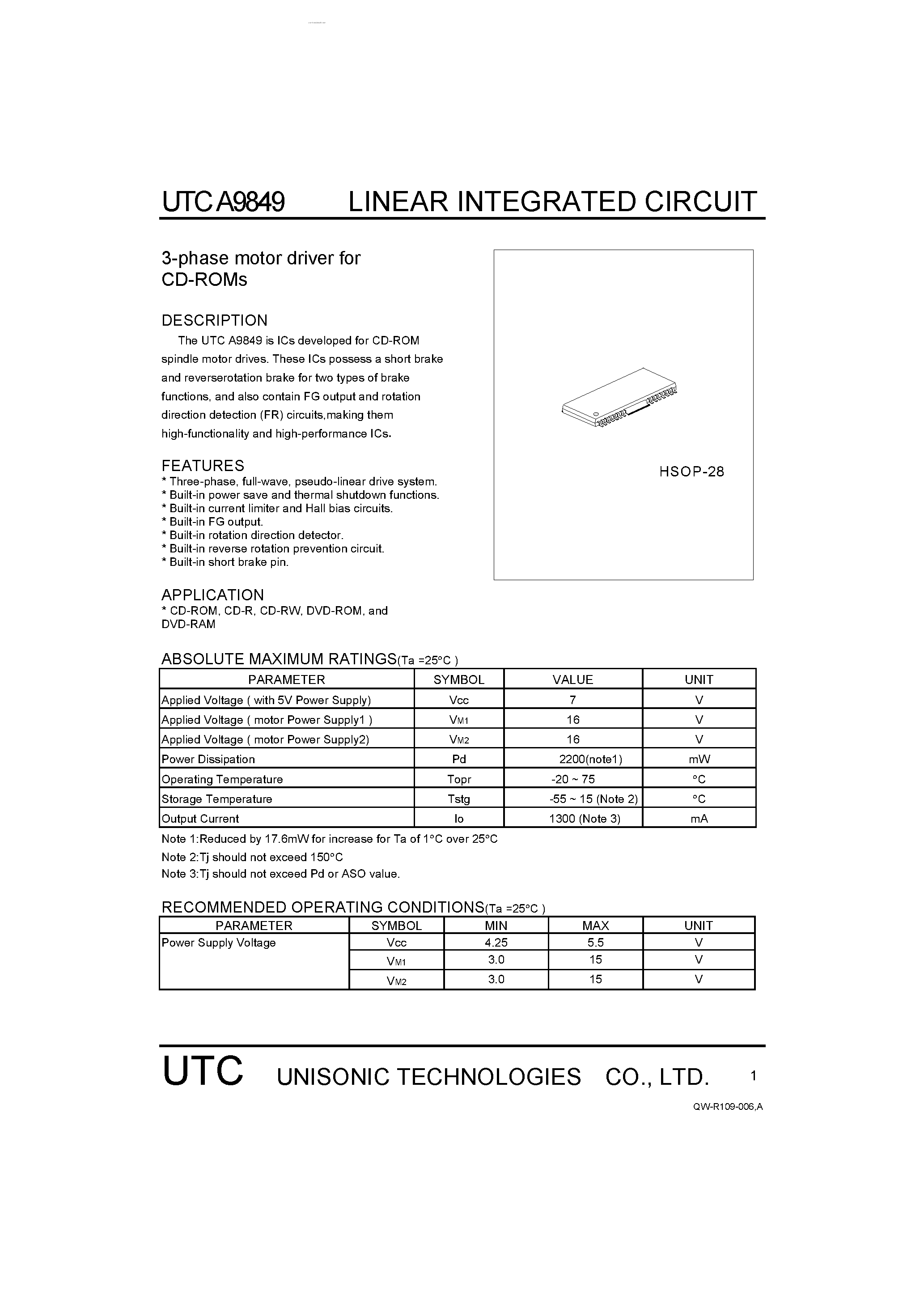 Даташит UTCA9849 - 3-phase motor driver страница 1