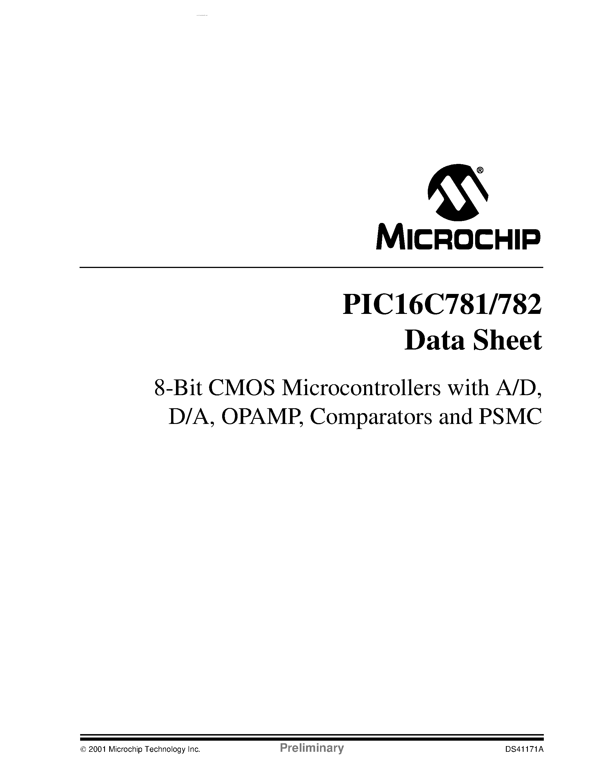 Datasheet PIC16C781 page 1 Datasheet PIC16C781 - (PIC16C781 / PIC16C782) 8-Bit CMOS Microcontrollers page 1