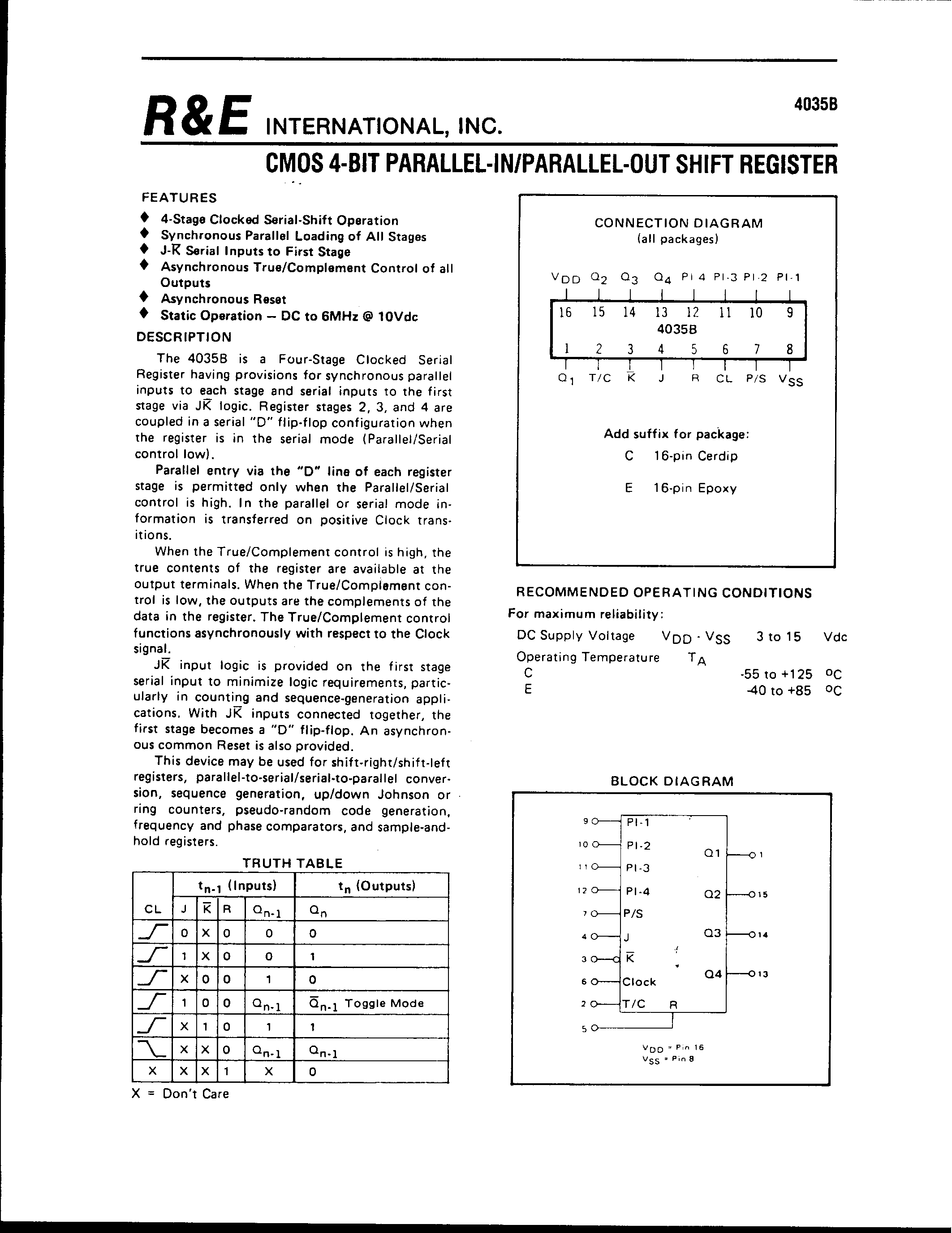 Datasheet 4035B - CMOS 4-BIT PLRALLEL-IN/PARALEEL-OUT SHIFT REGISTER page 1