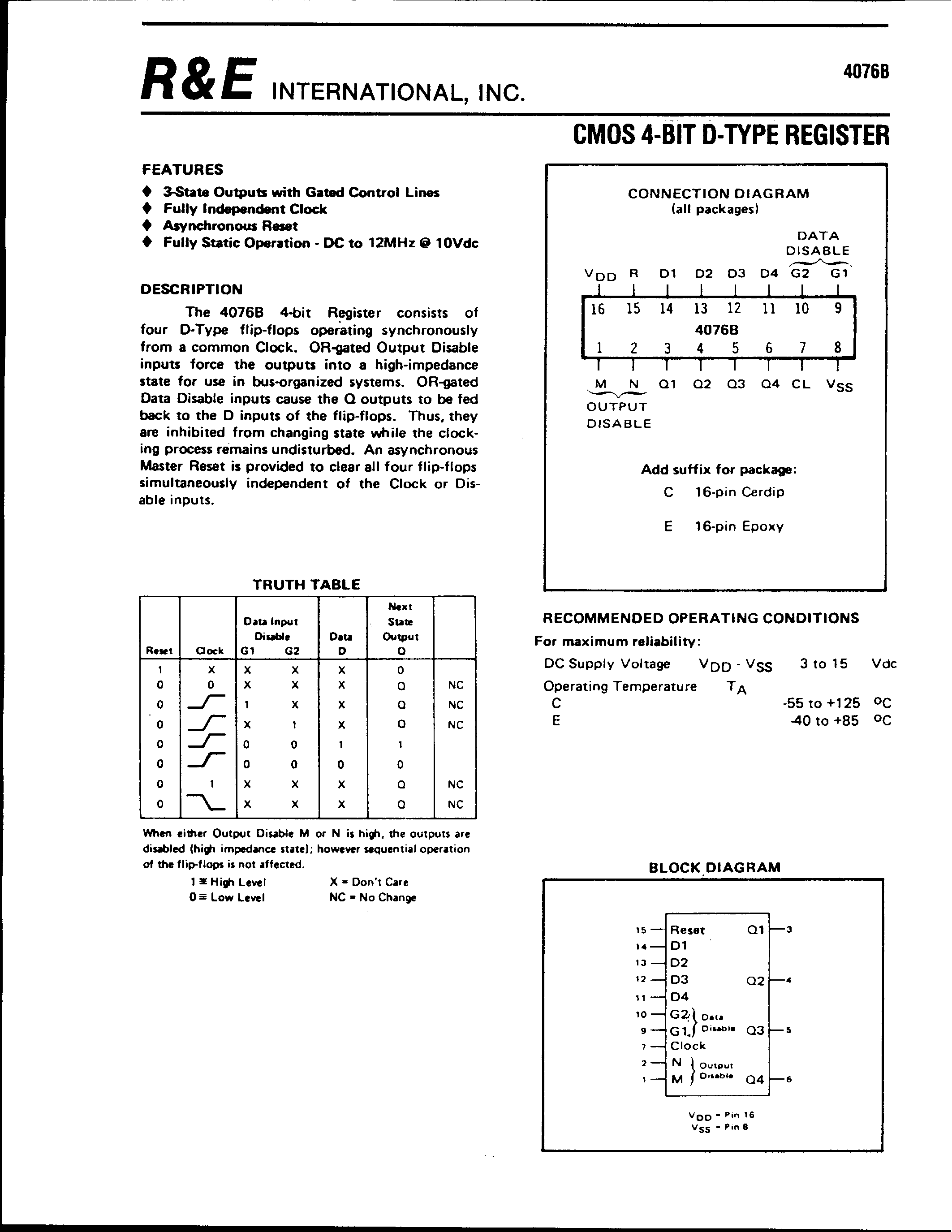 Datasheet 4076B - CMOS 4-BIT D-TYPE REGISTER page 1
