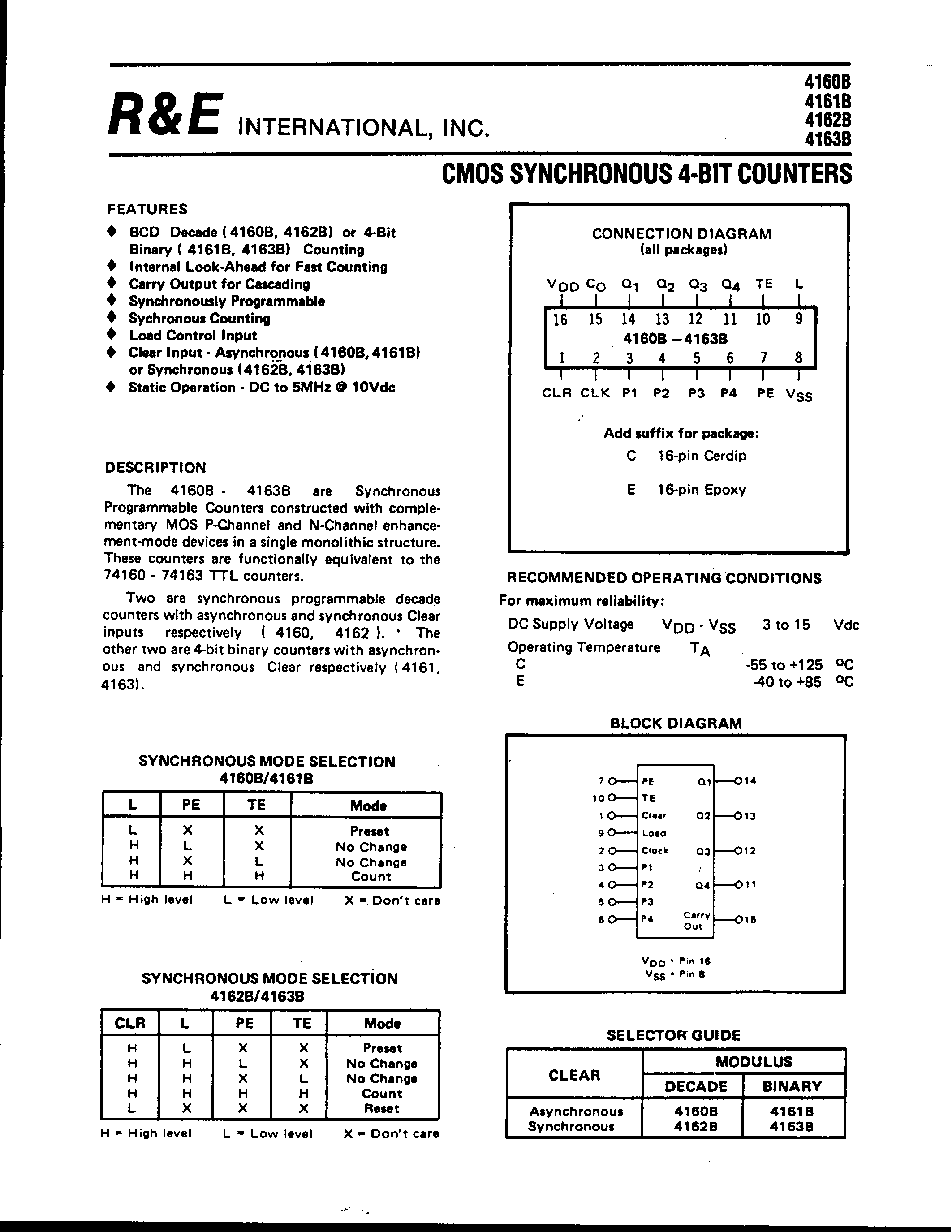 Datasheet 4160B - (4160B - 4163B) CMOS SYNCHRONOUS 4-BIT COUNTERS page 1