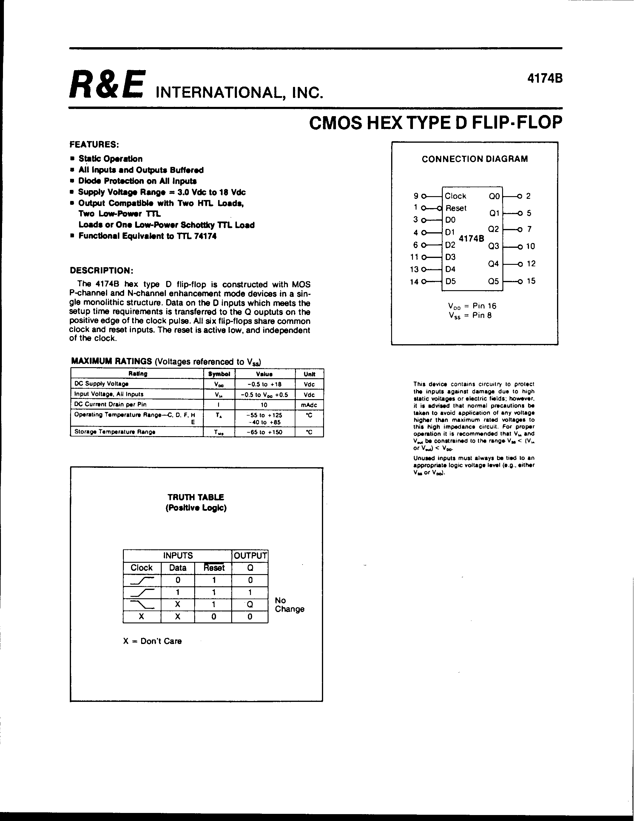 Datasheet 4174B - CMOS HEX TYPE D FLIP-FLOP page 1