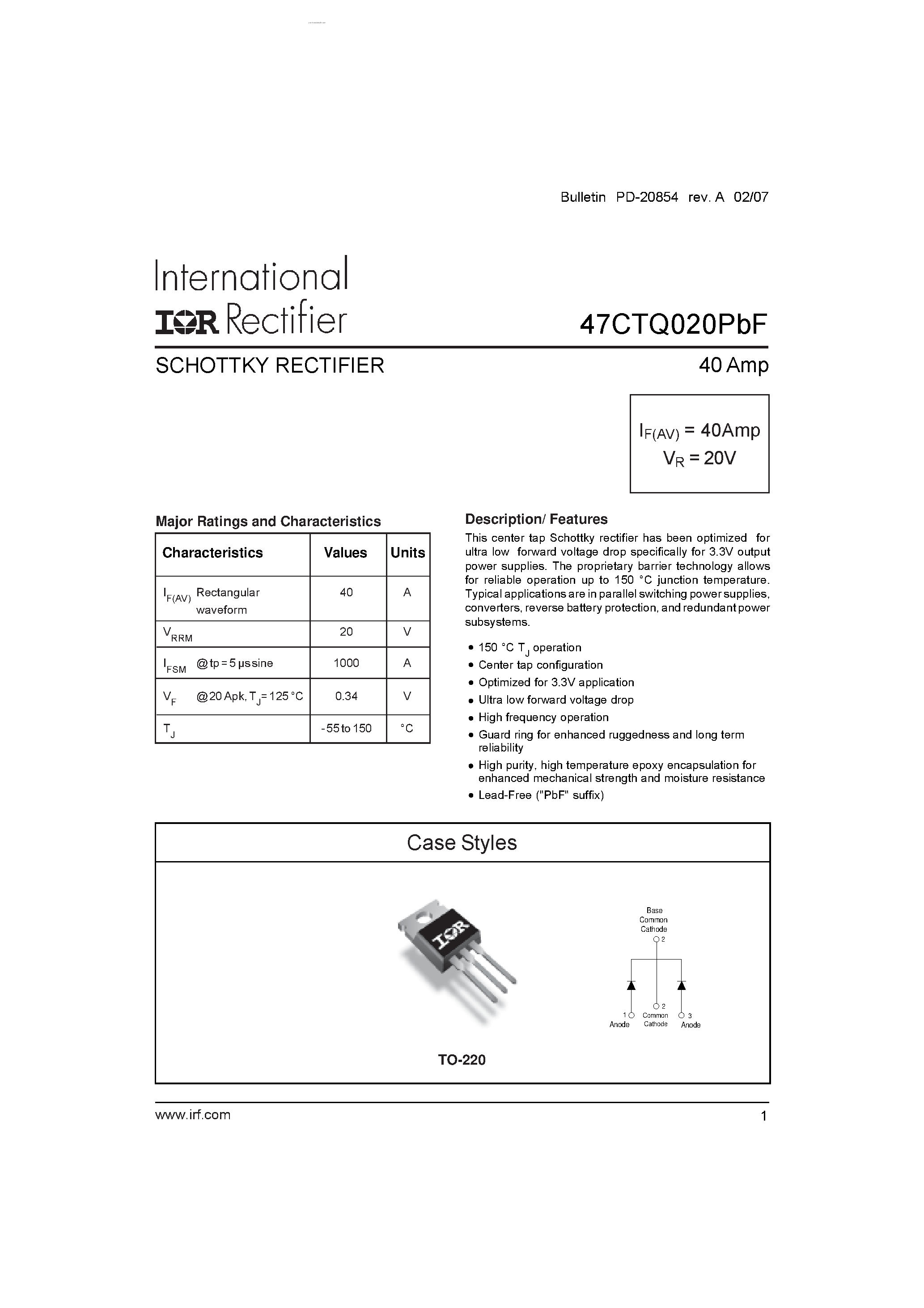 Datasheet 47CTQ020PBF - SCHOTTKY RECTIFIER page 1
