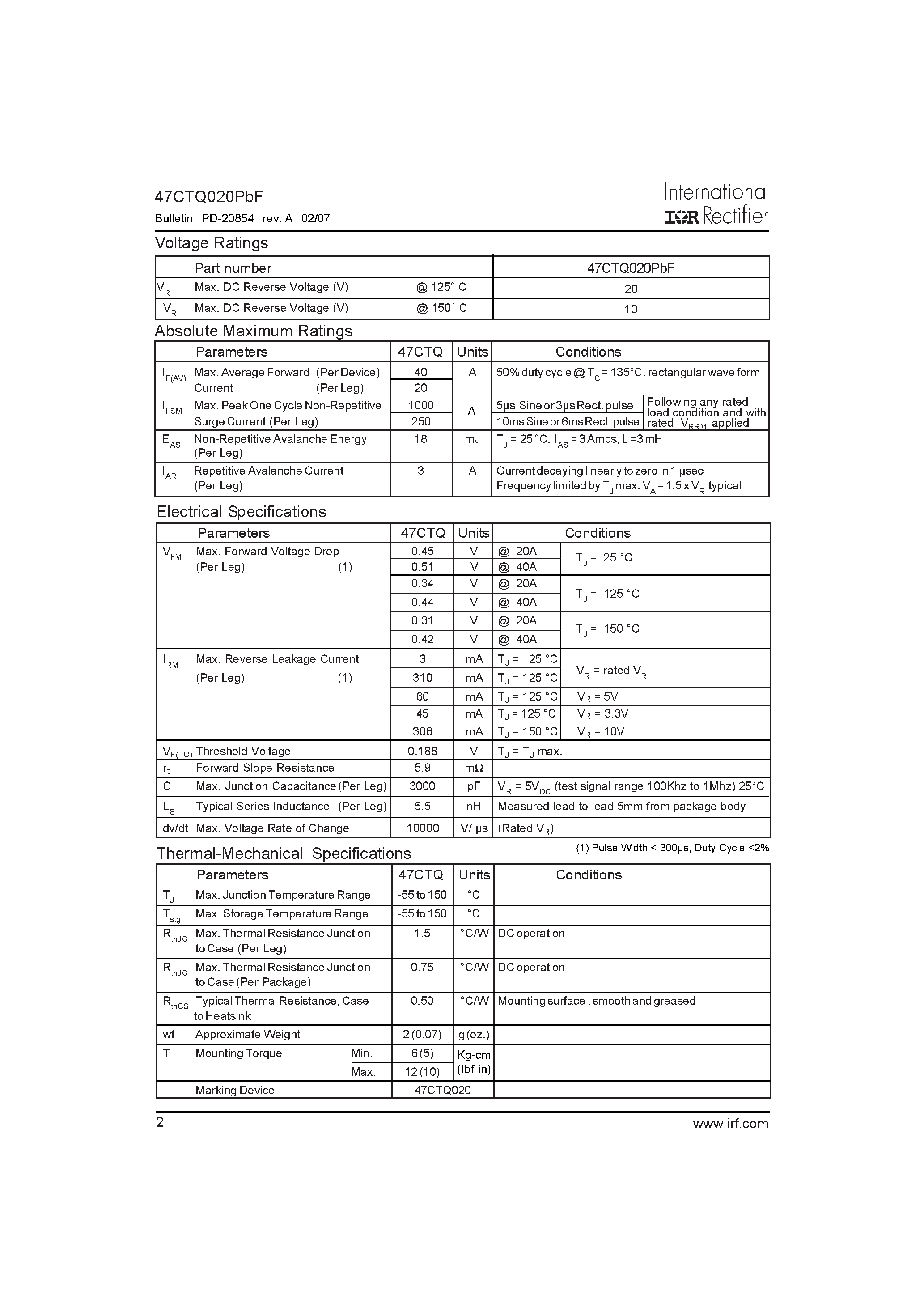 Datasheet 47CTQ020PBF - SCHOTTKY RECTIFIER page 2
