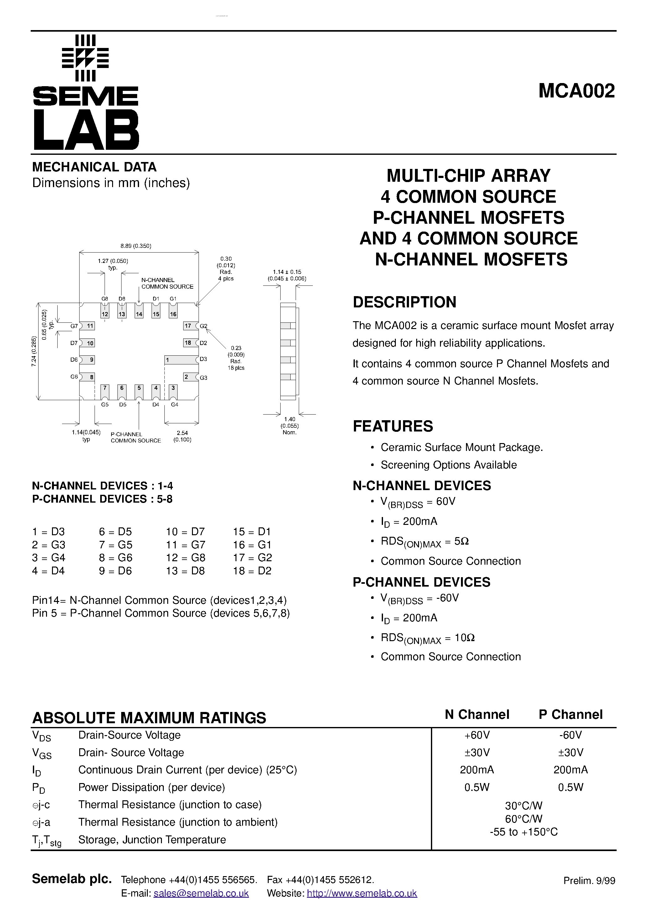 Datasheet MCA002 - MULTI-CHIP ARRAY 4 COMMON SOURCE P-CHANNEL MOSFETS AND 4 COMMON SOURCE N-CHANNEL MOSFETS page 1