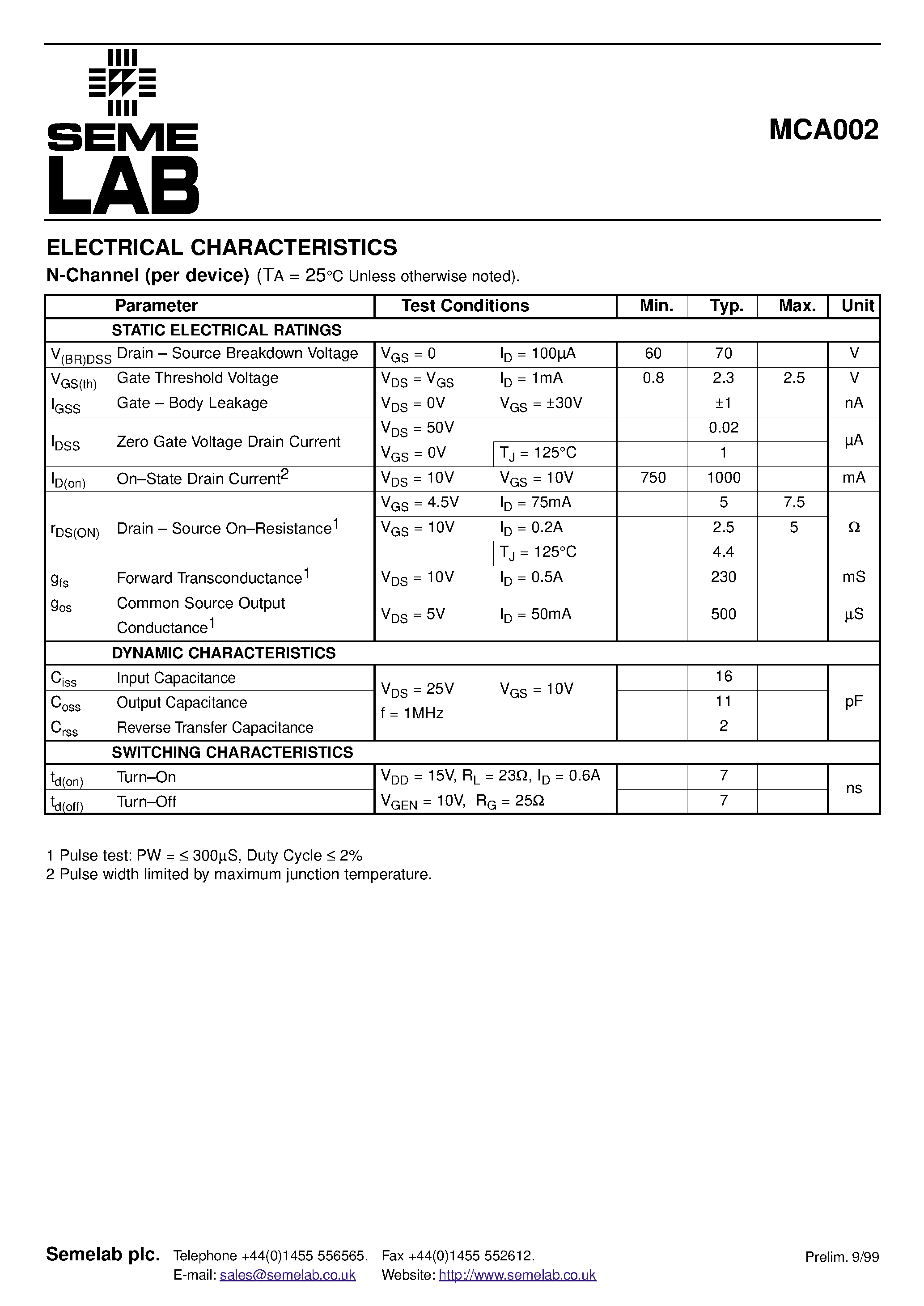 Datasheet MCA002 - MULTI-CHIP ARRAY 4 COMMON SOURCE P-CHANNEL MOSFETS AND 4 COMMON SOURCE N-CHANNEL MOSFETS page 2