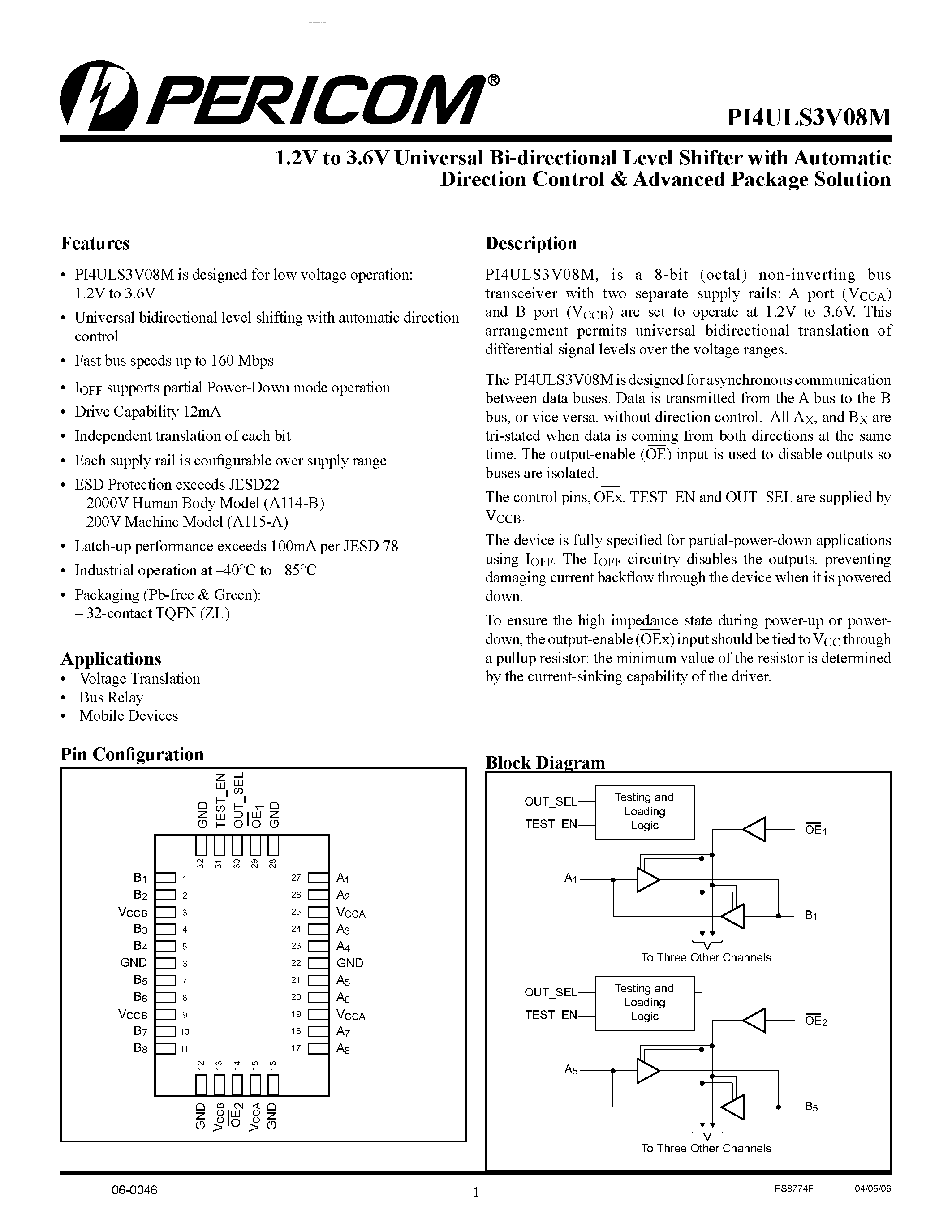 Datasheet PI4ULS3V08M - 1.2V to 3.6V Universal Bi-directional Level Shifter page 1