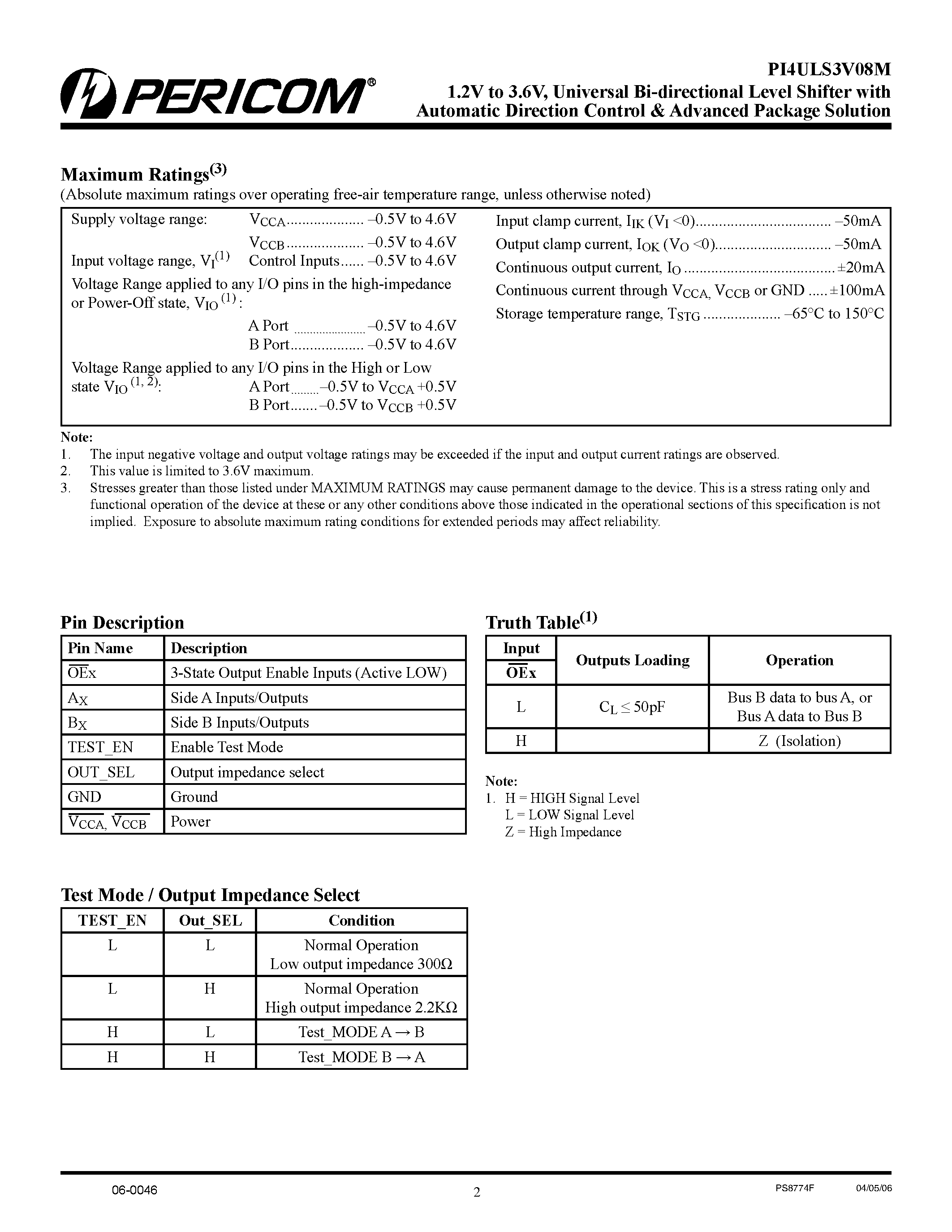 Datasheet PI4ULS3V08M - 1.2V to 3.6V Universal Bi-directional Level Shifter page 2