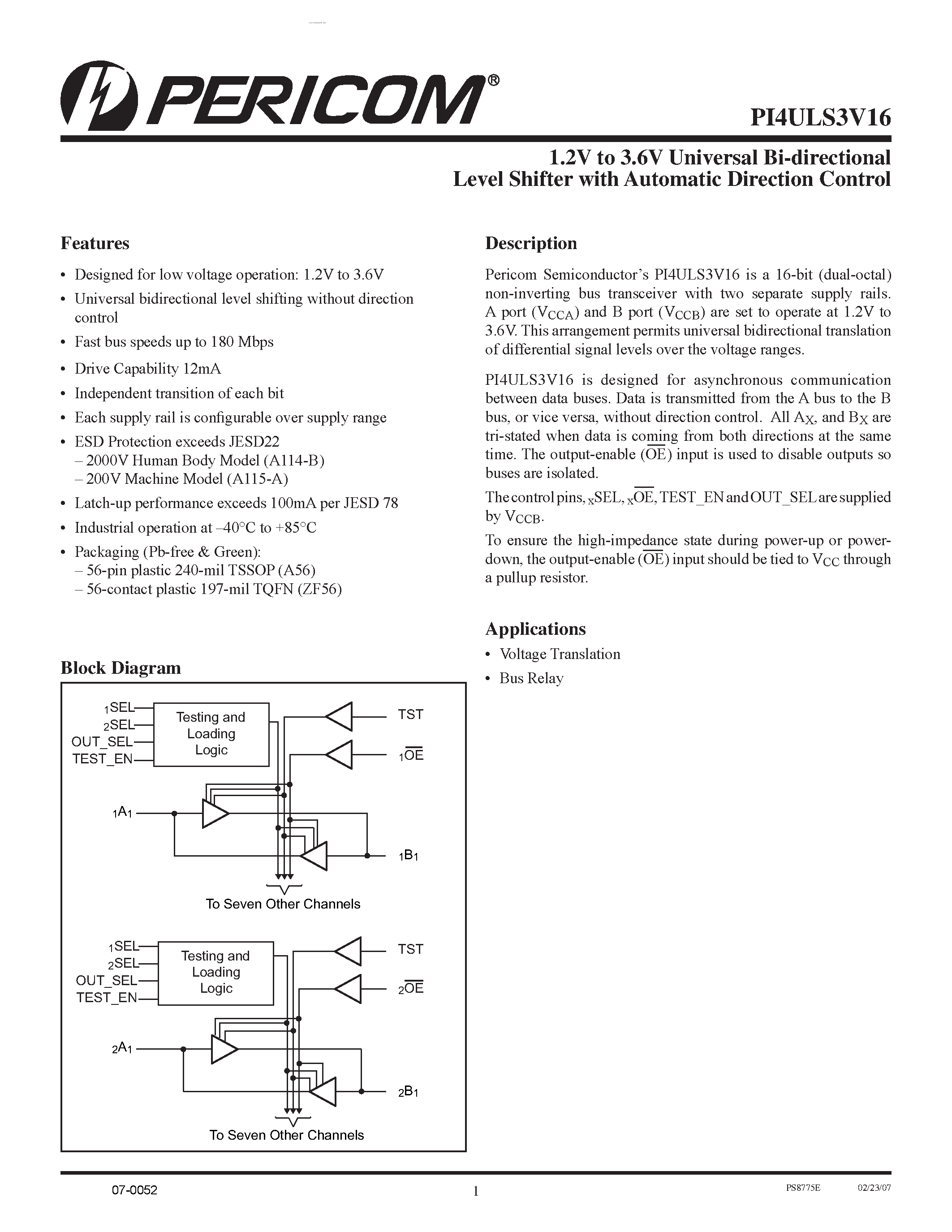 Datasheet PI4ULS3V16 - 1.2V to 3.6V Universal Bi-directional Level Shifter page 1