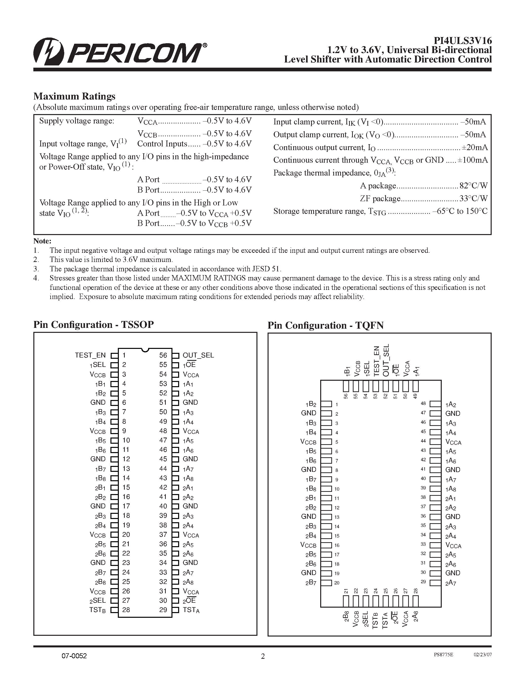 Datasheet PI4ULS3V16 - 1.2V to 3.6V Universal Bi-directional Level Shifter page 2