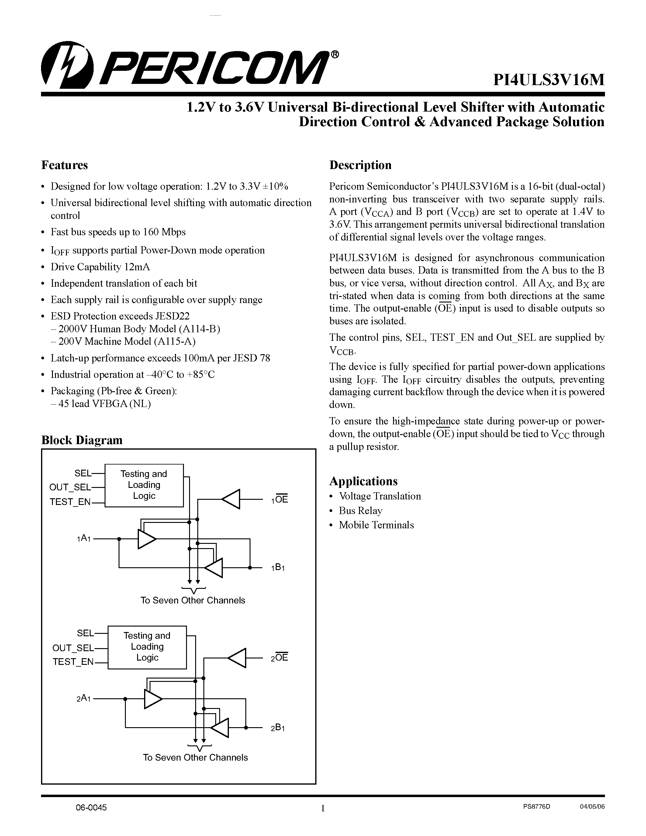 Datasheet PI4ULS3V16M - 1.2V to 3.6V Universal Bi-directional Level Shifter page 1