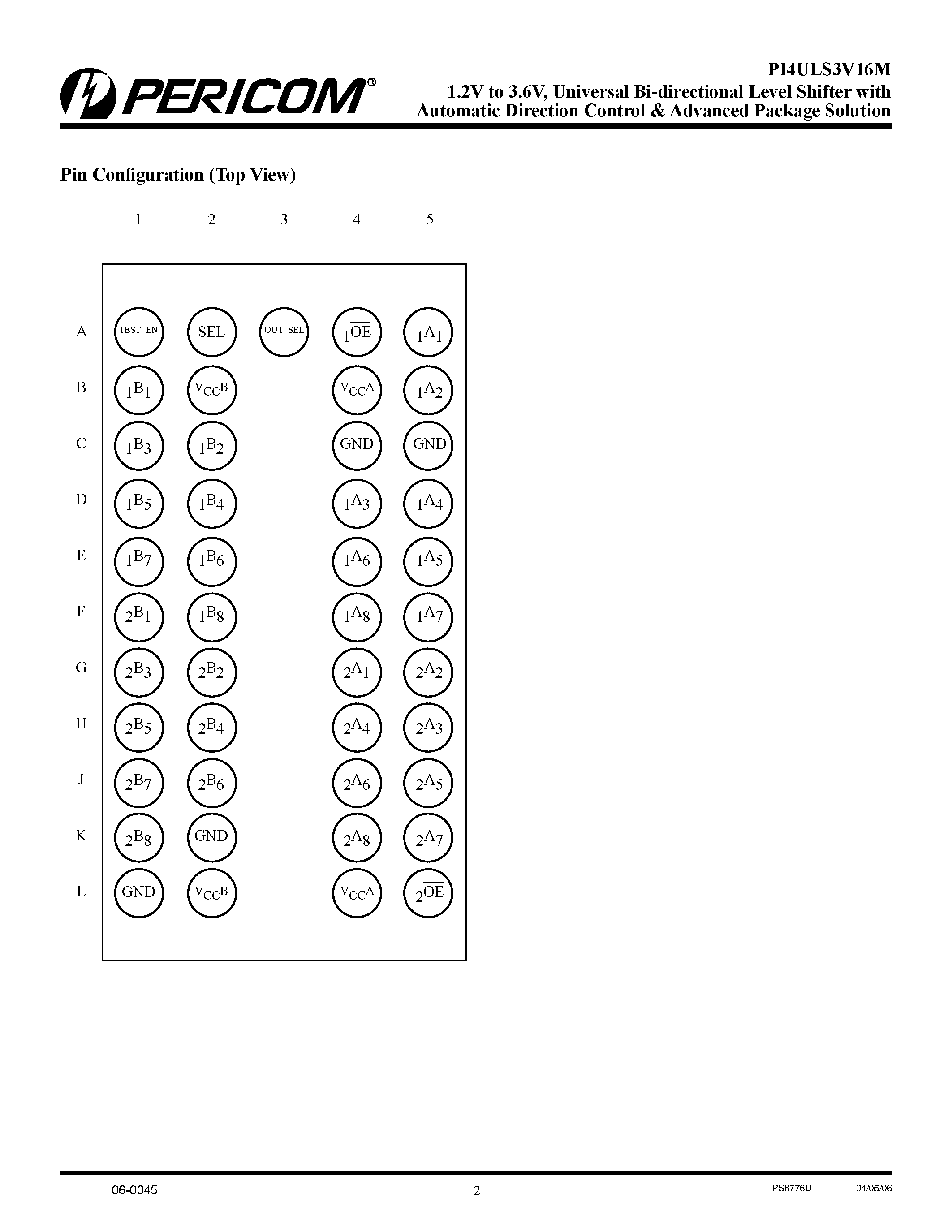 Datasheet PI4ULS3V16M - 1.2V to 3.6V Universal Bi-directional Level Shifter page 2