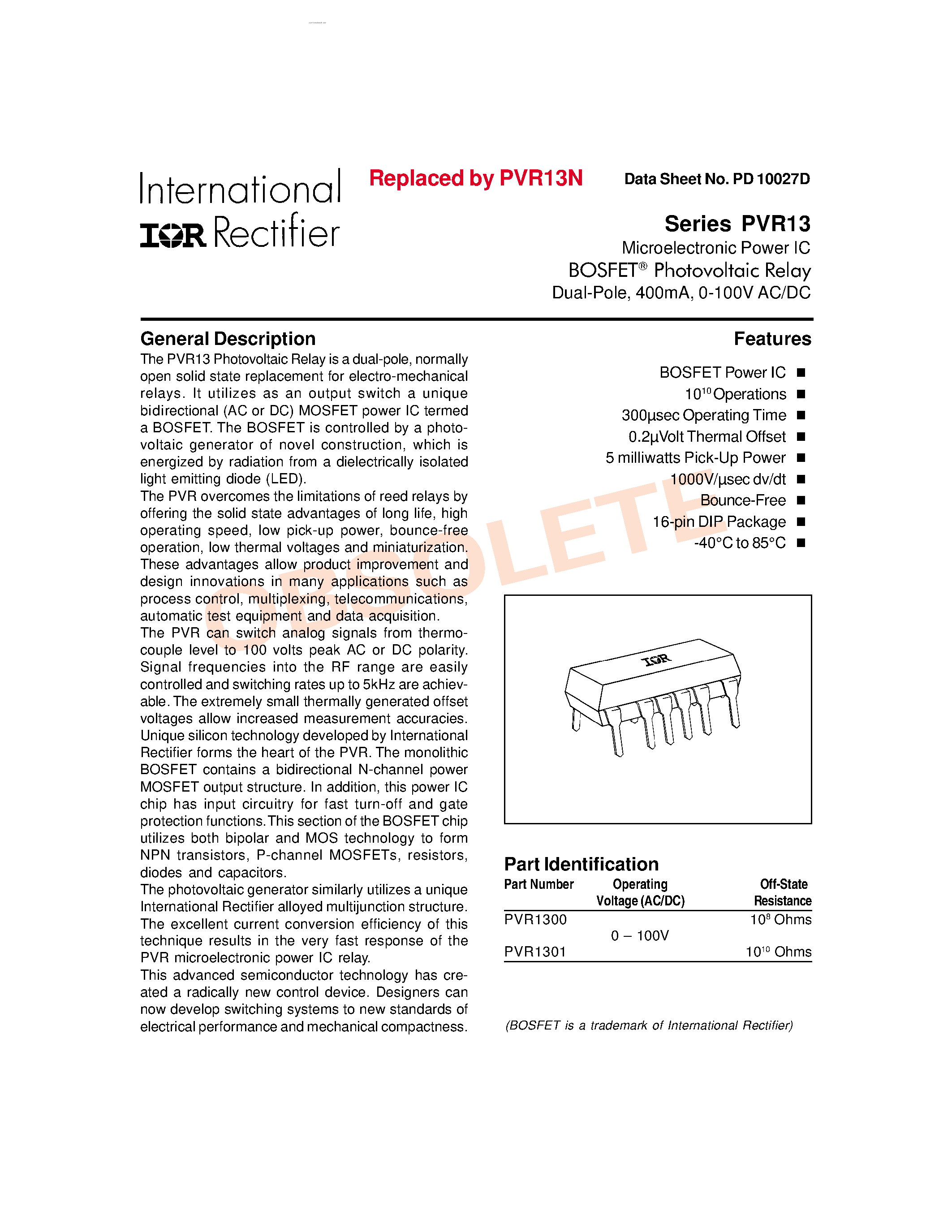 Datasheet PVR13 - BOSFET PHOTOVOLTAIC RELAY DUAL page 1