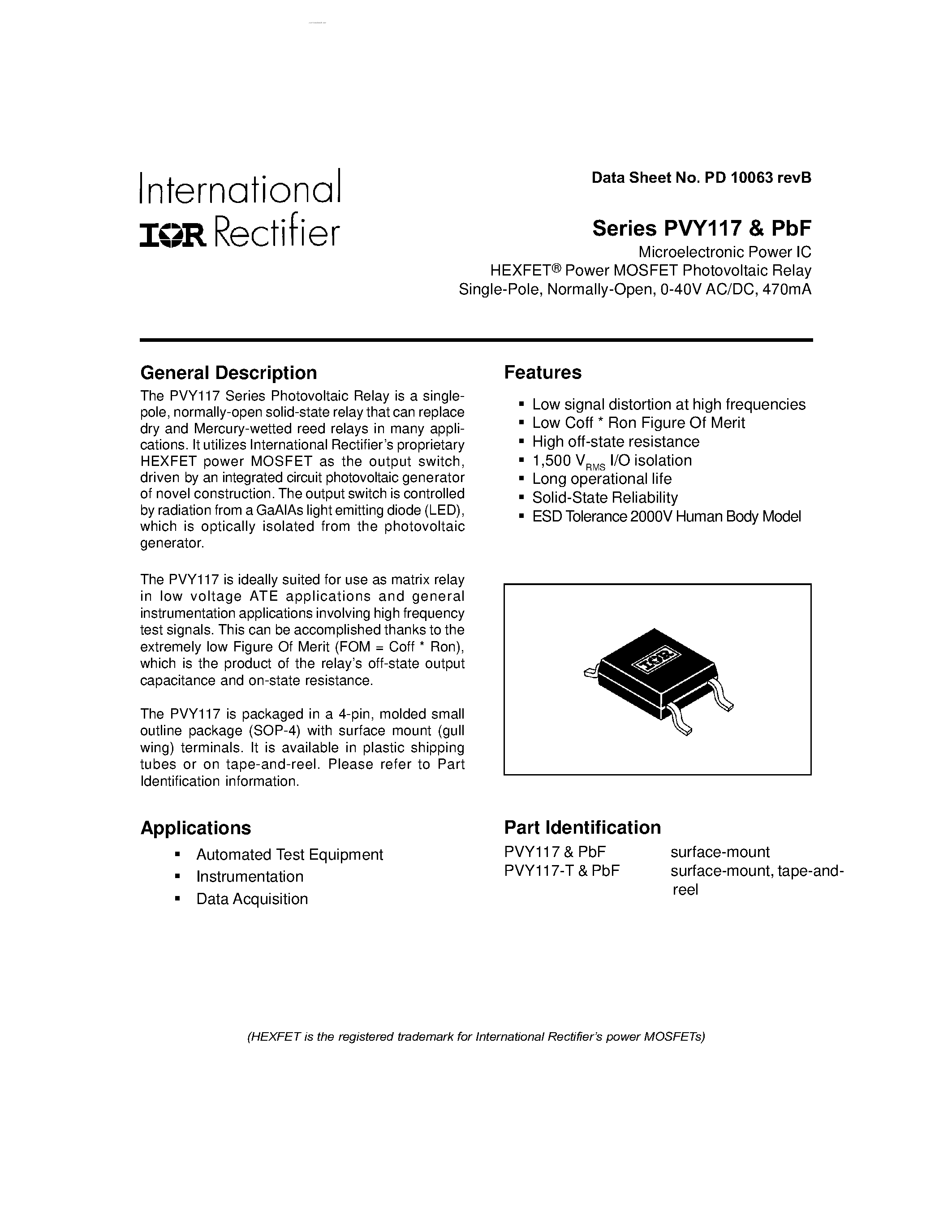 Datasheet PVY117 - Microelectronic Power IC HEXFET Power MOSFET Photovoltaic Relay page 1