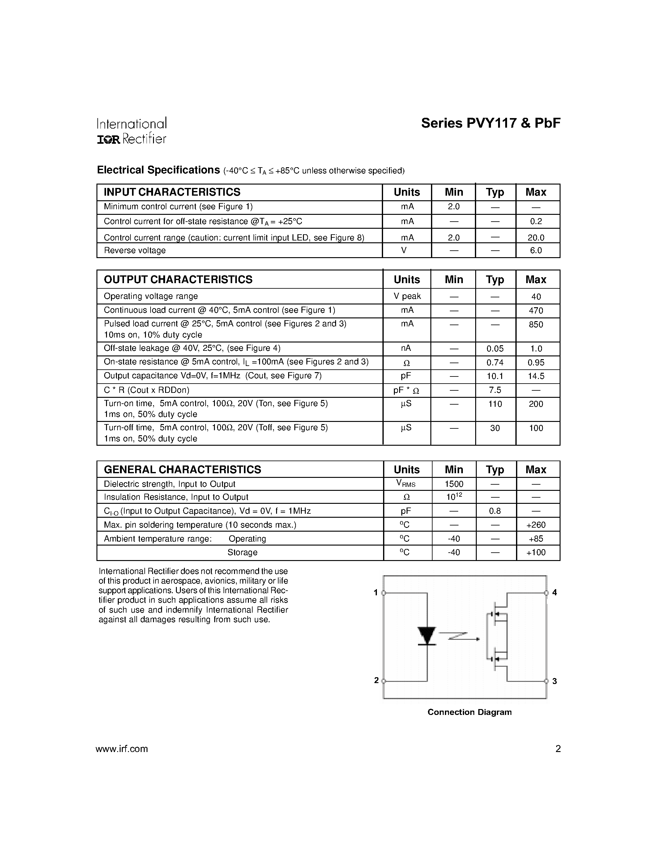 Datasheet PVY117 - Microelectronic Power IC HEXFET Power MOSFET Photovoltaic Relay page 2