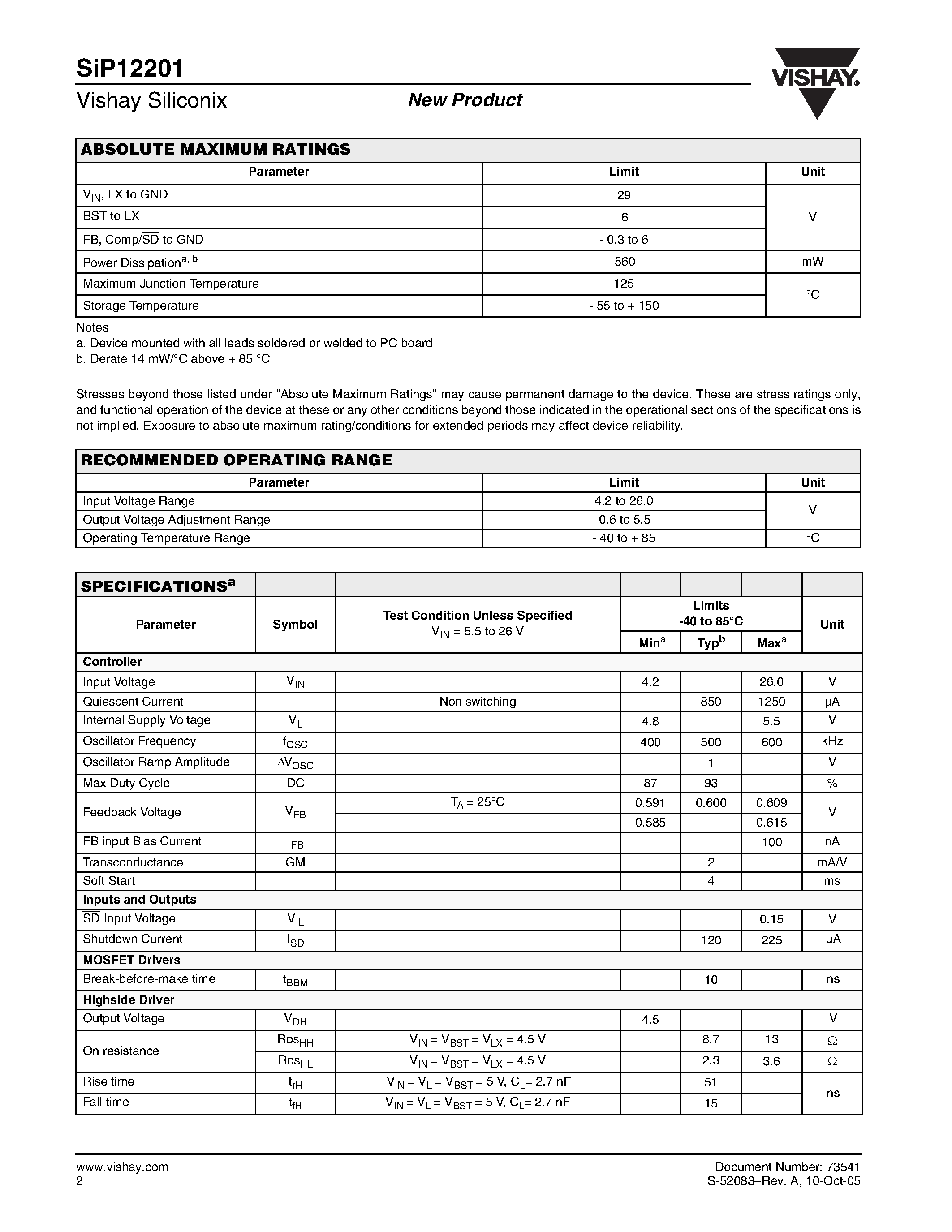 Datasheet SIP12201 - Synchronous Step Down Controller page 2