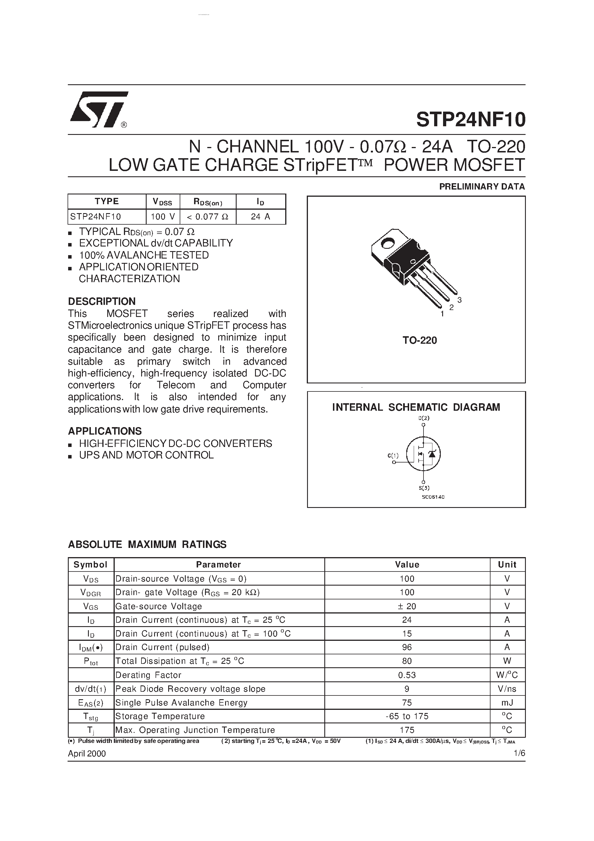 Datasheet STP24NF10 - N-CHANNEL POWER MOSFET page 1