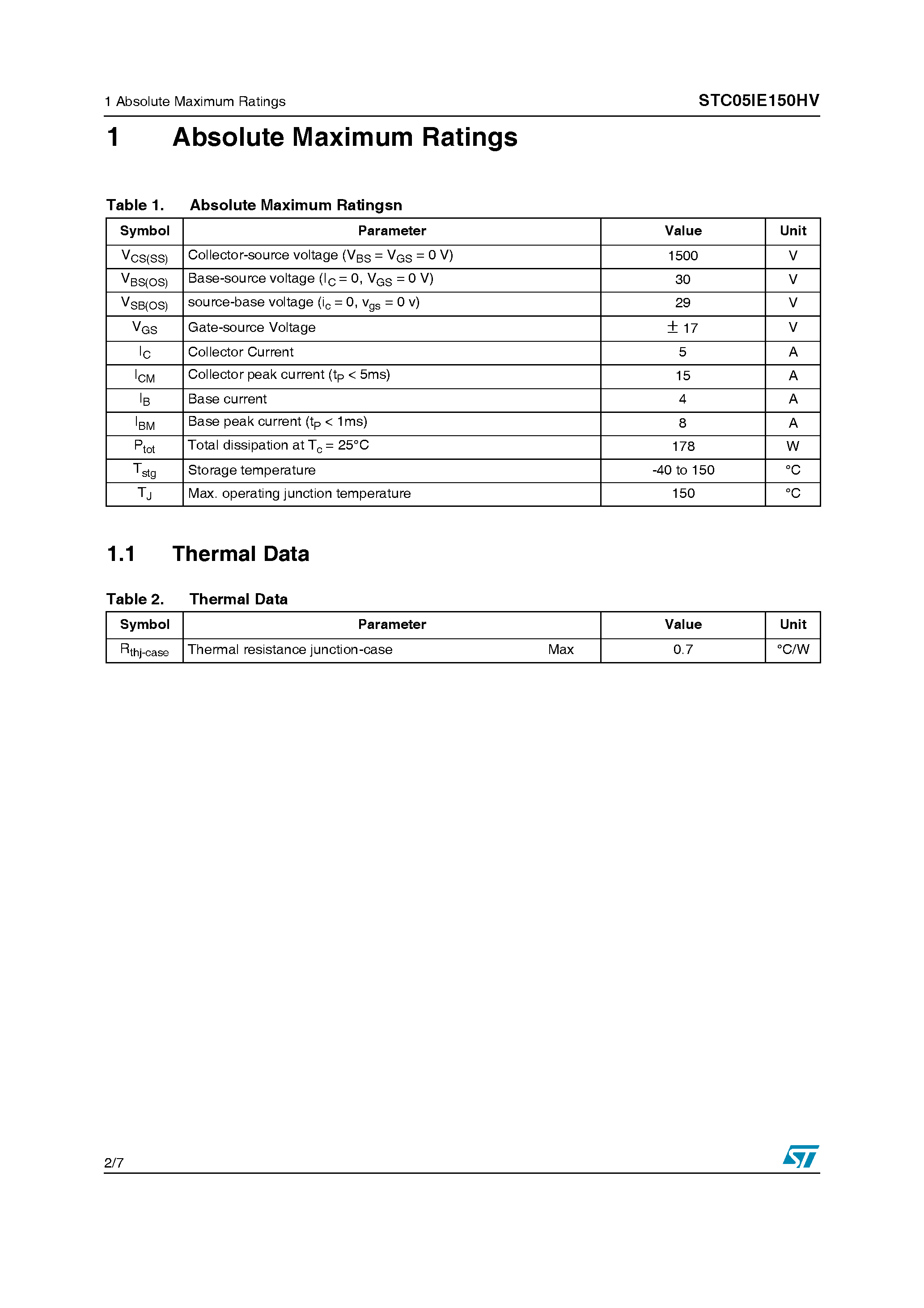 Datasheet STC05IE150HV page 2 Datasheet STC05IE150HV - Emitter Switched Bipolar Transistor page 2