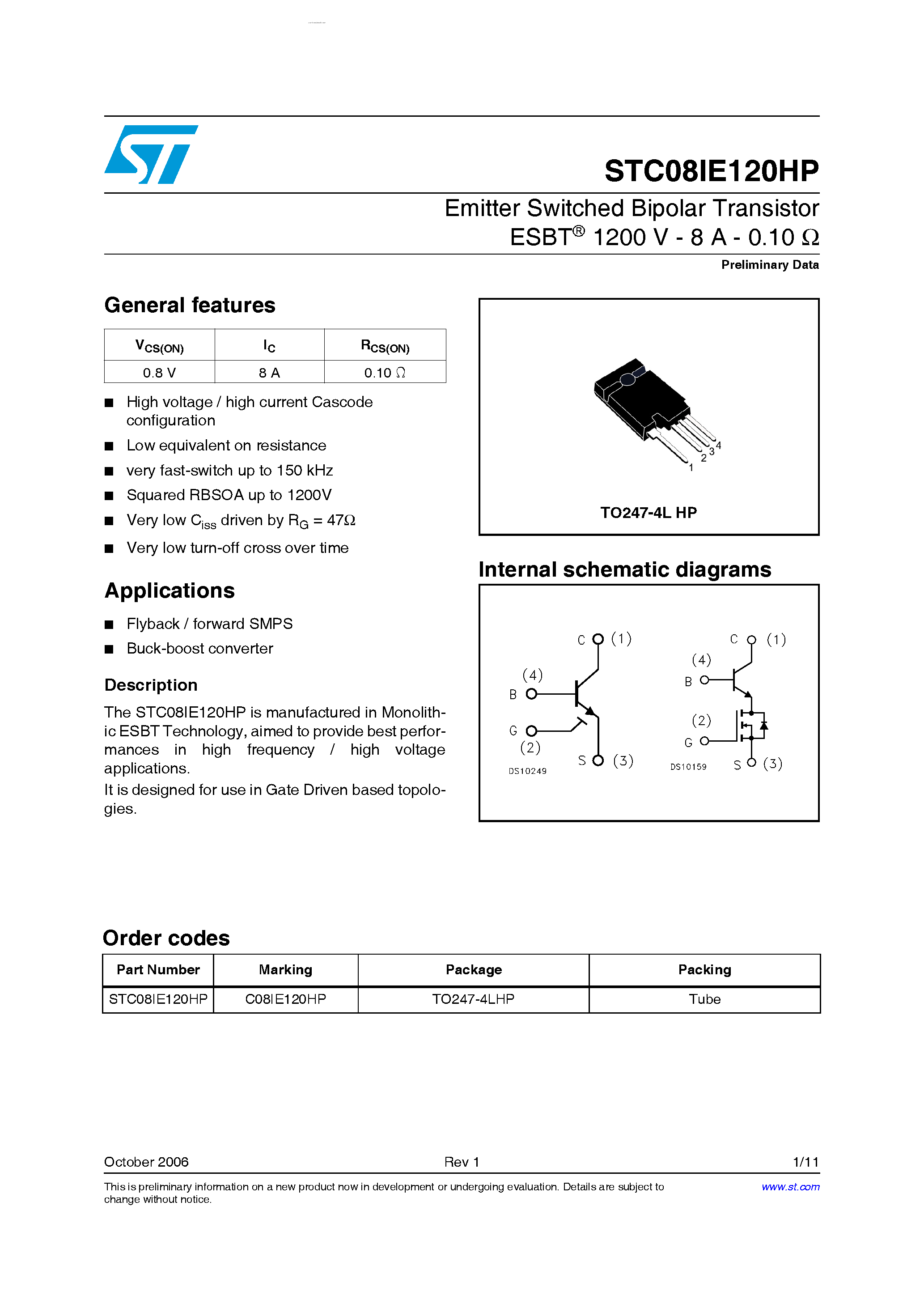 Datasheet STC08IE120HP page 1 Datasheet STC08IE120HP - Emitter Switched Bipolar Transistor page 1