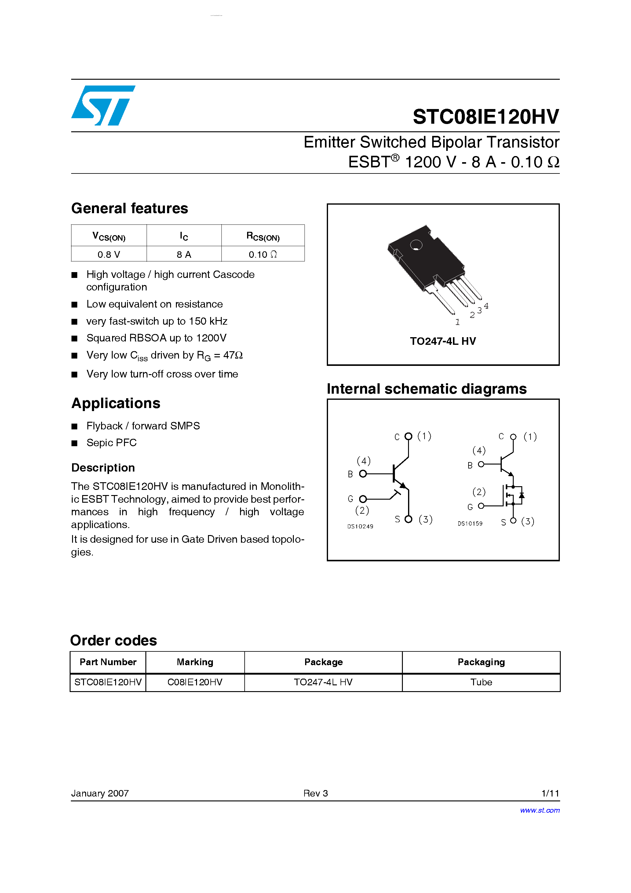 Datasheet STC08IE120HV page 1 Datasheet STC08IE120HV - Emitter Switched Bipolar Transistor page 1