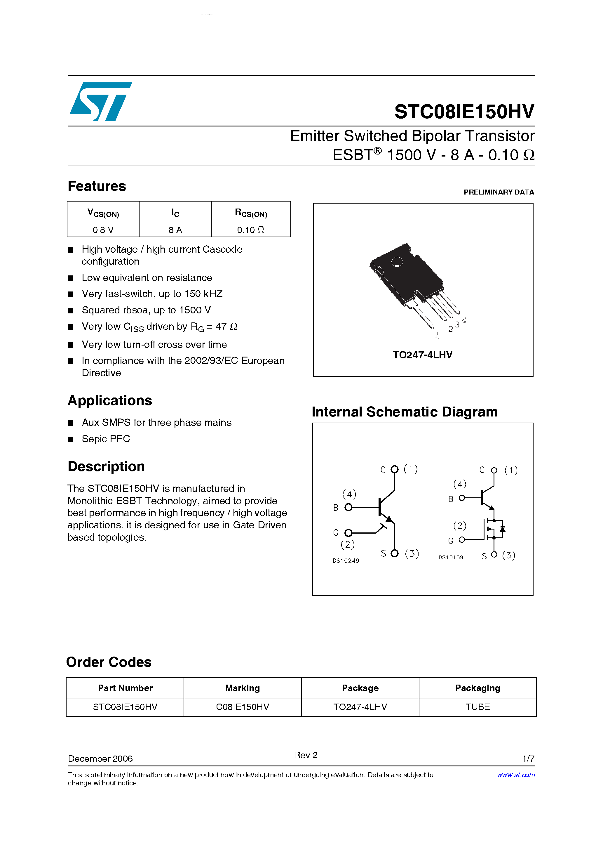 Datasheet STC08IE150HV page 1 Datasheet STC08IE150HV - Emitter Switched Bipolar Transistor page 1