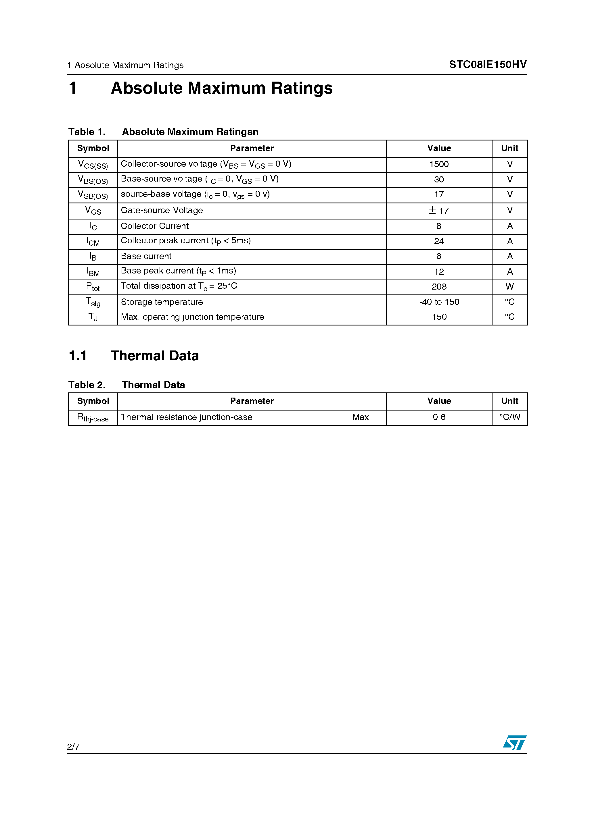 Datasheet STC08IE150HV page 2 Datasheet STC08IE150HV - Emitter Switched Bipolar Transistor page 2